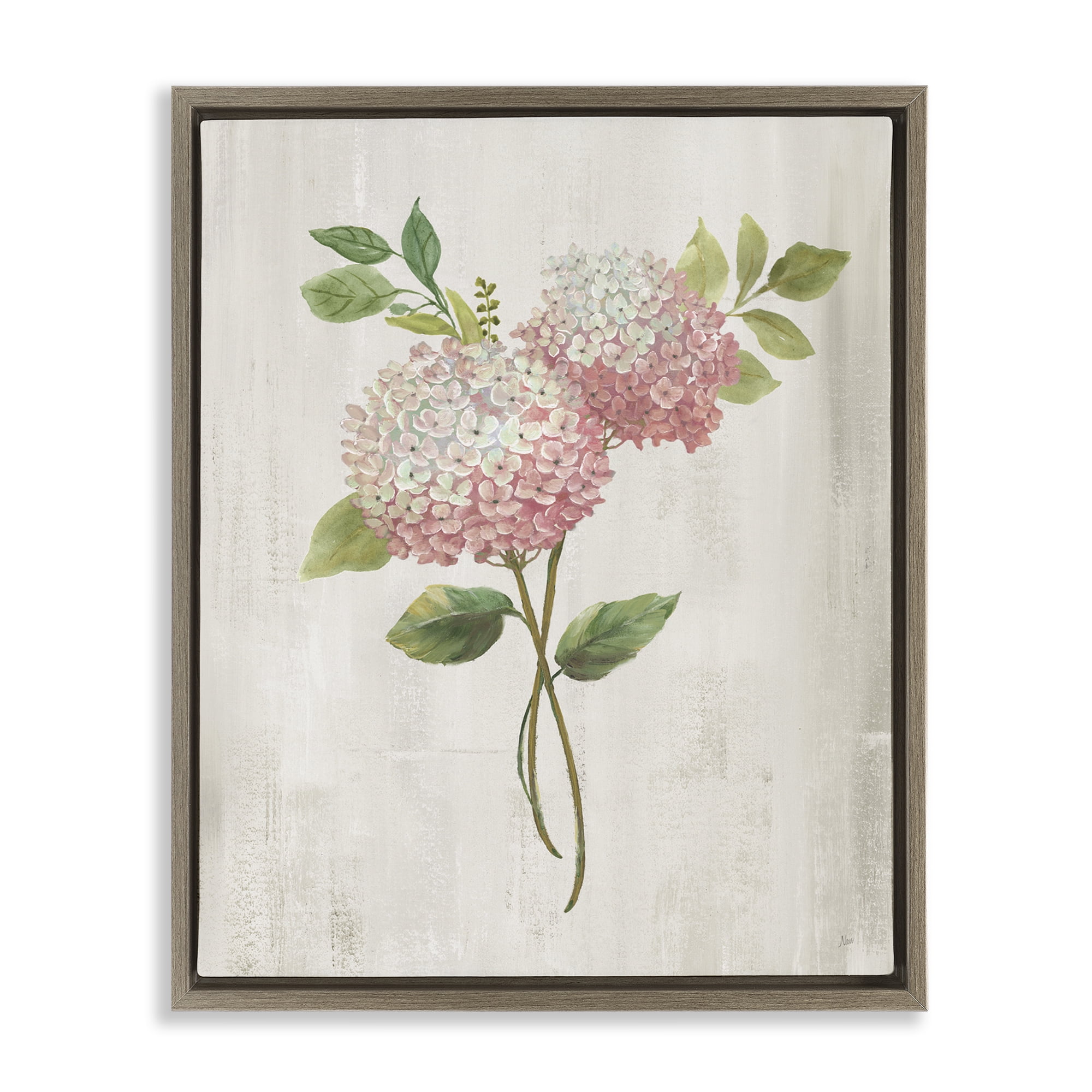 Stupell Industries Pink Hydrangea Paired Stems Brown Framed Floater Canvas Wall Art, design by Nan