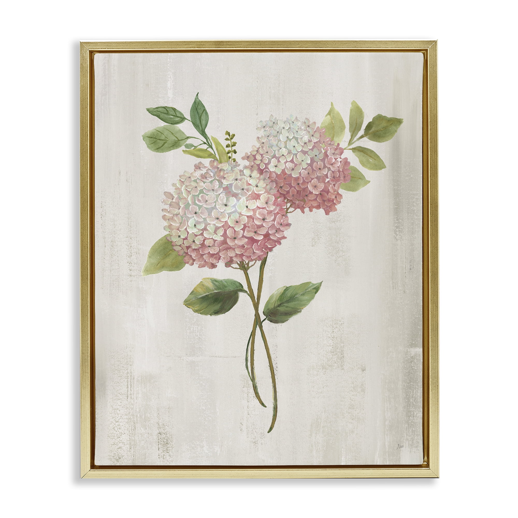 Stupell Industries Pink Hydrangea Paired Stems Gold Framed Floater Canvas Wall Art, design by Nan