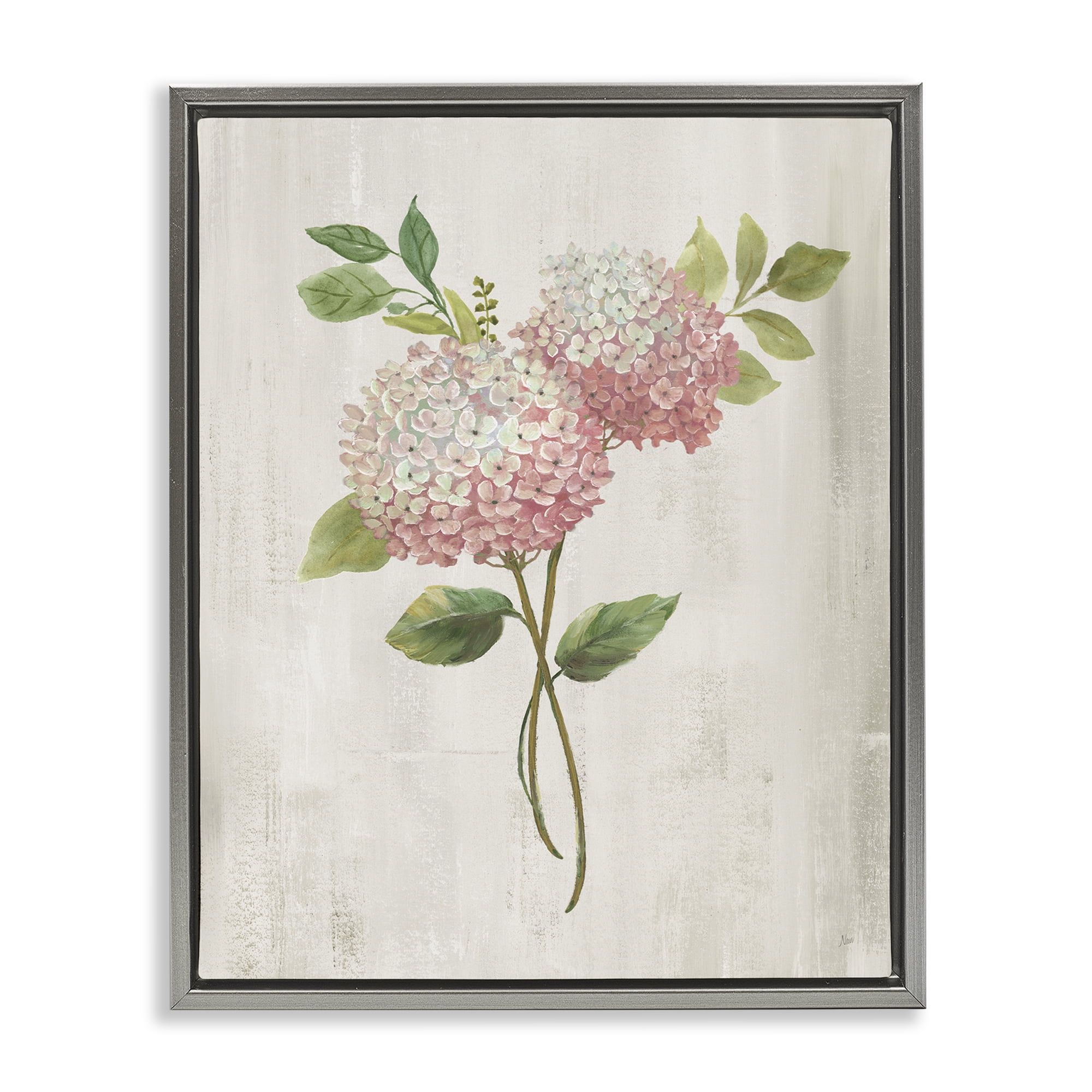 Stupell Industries Pink Hydrangea Paired Stems Gray Framed Floater Canvas Wall Art, design by Nan