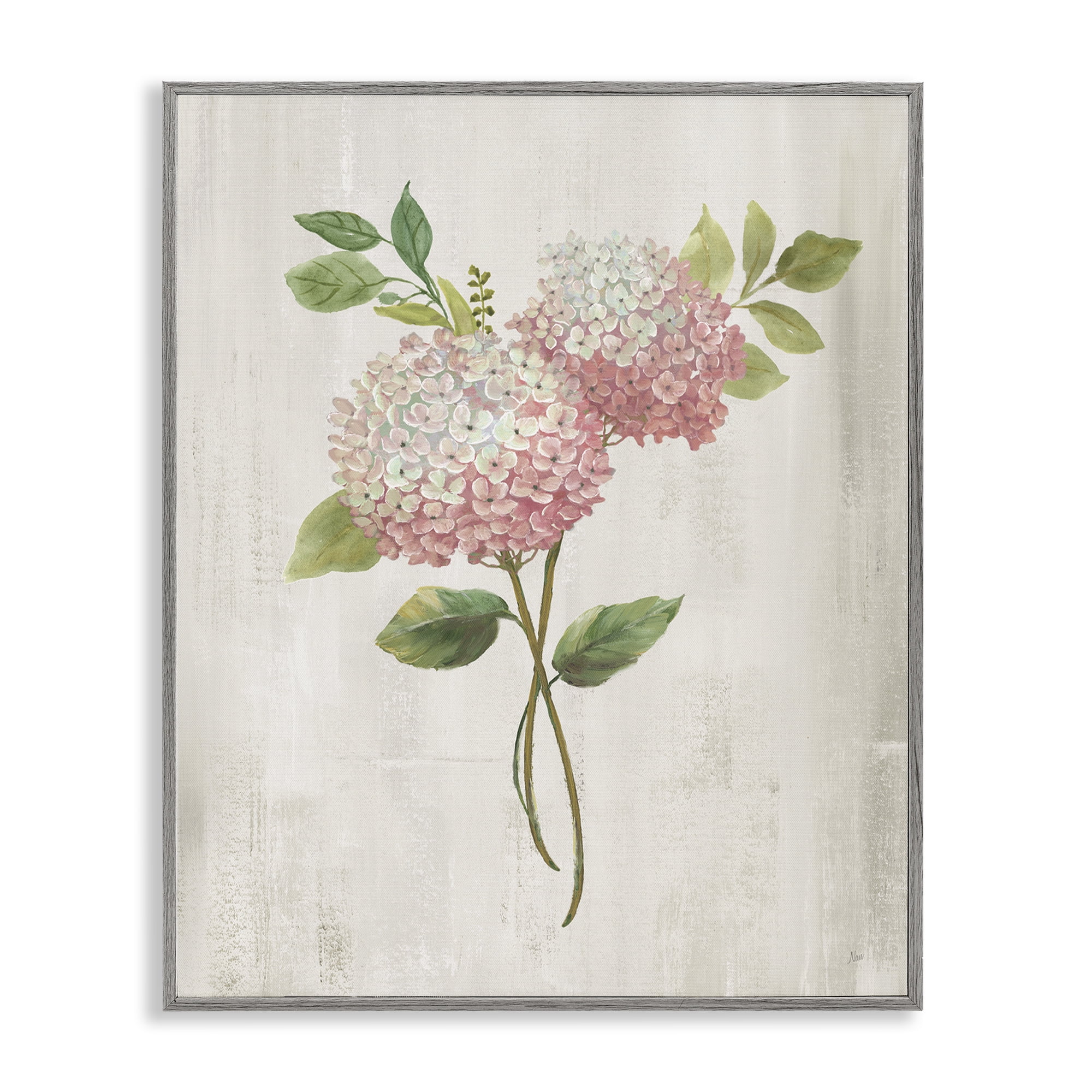 Stupell Industries Pink Hydrangea Paired Stems Gray Framed Giclee Art, design by Nan