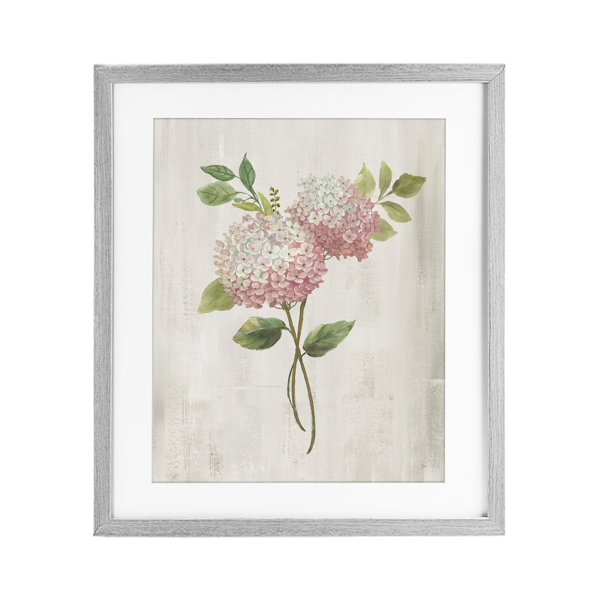Stupell Industries Pink Hydrangea Paired Stems Gray Framed Print Under Glass, design by Nan