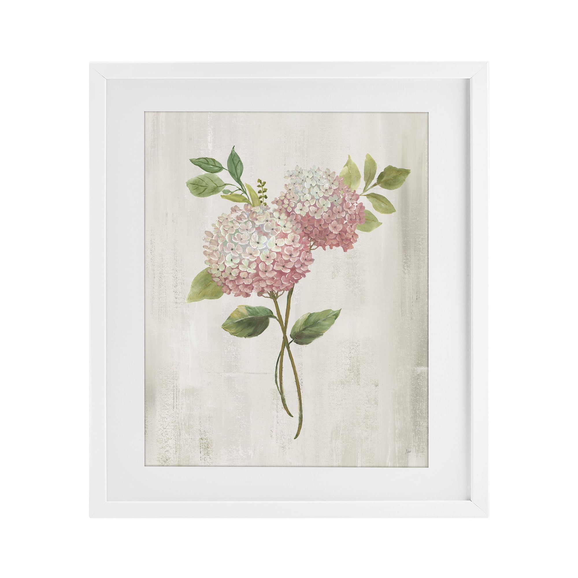 Stupell Industries Pink Hydrangea Paired Stems White Framed Print Under Glass, design by Nan