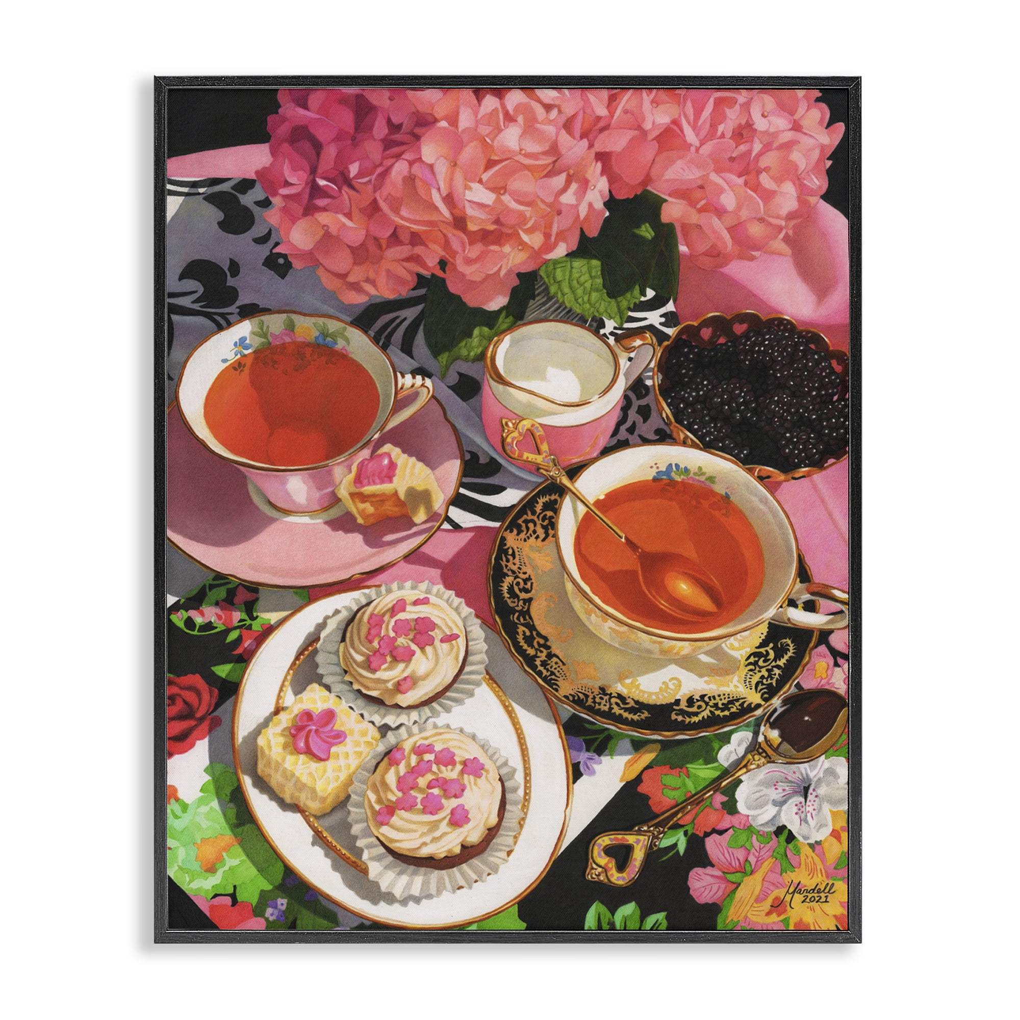 Stupell Industries Pink Hydrangea Tea Party Food & Beverage Painting Black Framed Art Print Wall Art, 24 x 30