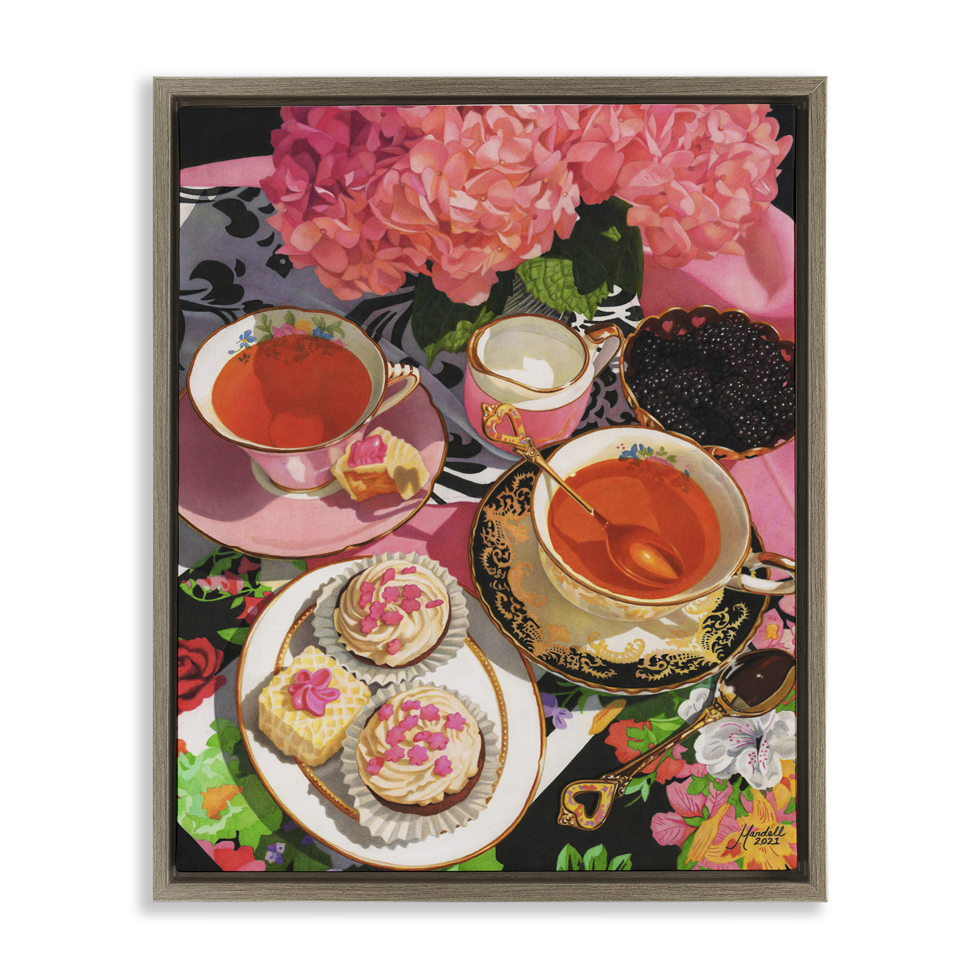 Stupell Industries Pink Hydrangea Tea Party Food & Beverage Painting Brown Floater Framed Art Print Wall Art, 25 x 31