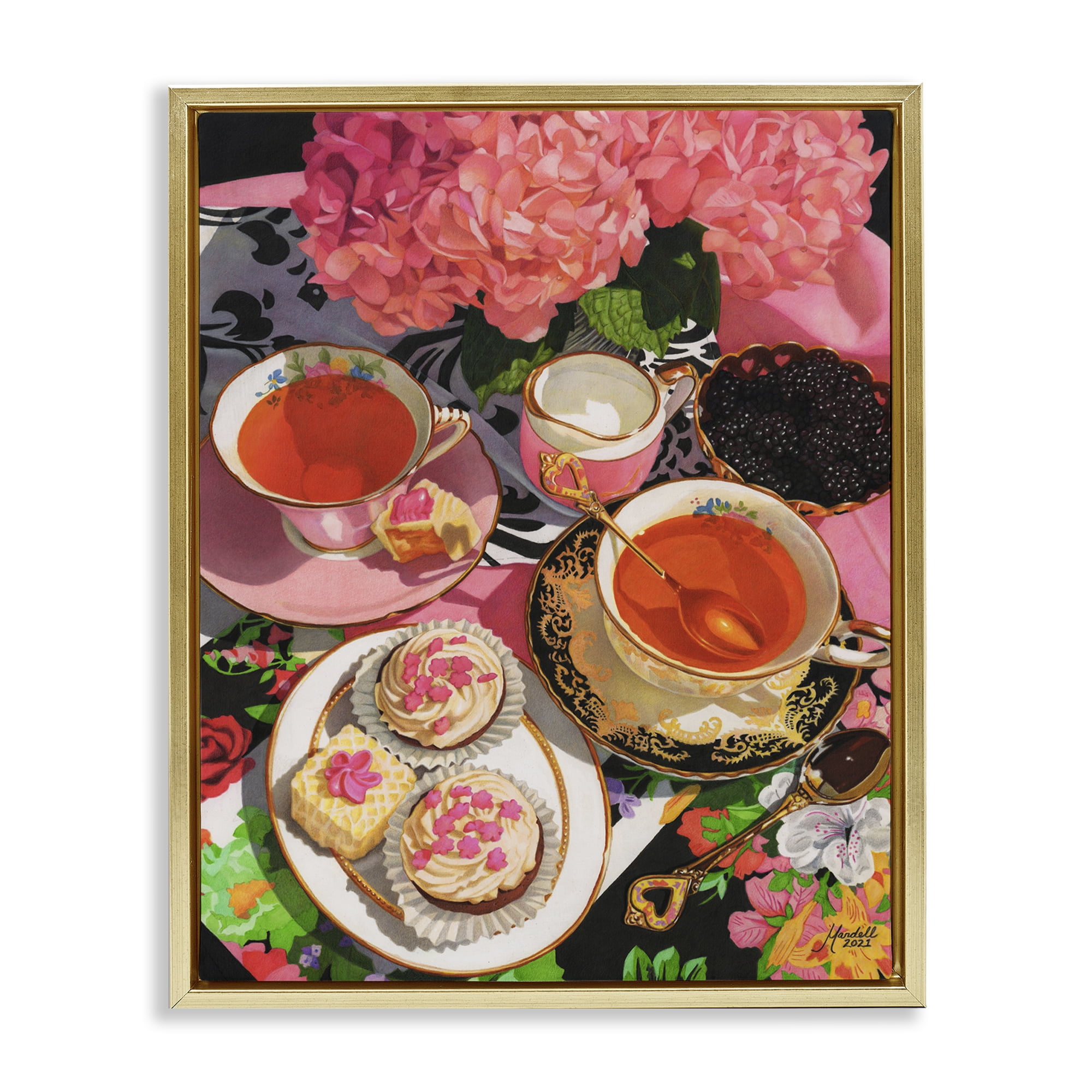 Stupell Industries Pink Hydrangea Tea Party Food & Beverage Painting Gold Floater Framed Art Print Wall Art, 17 x 21