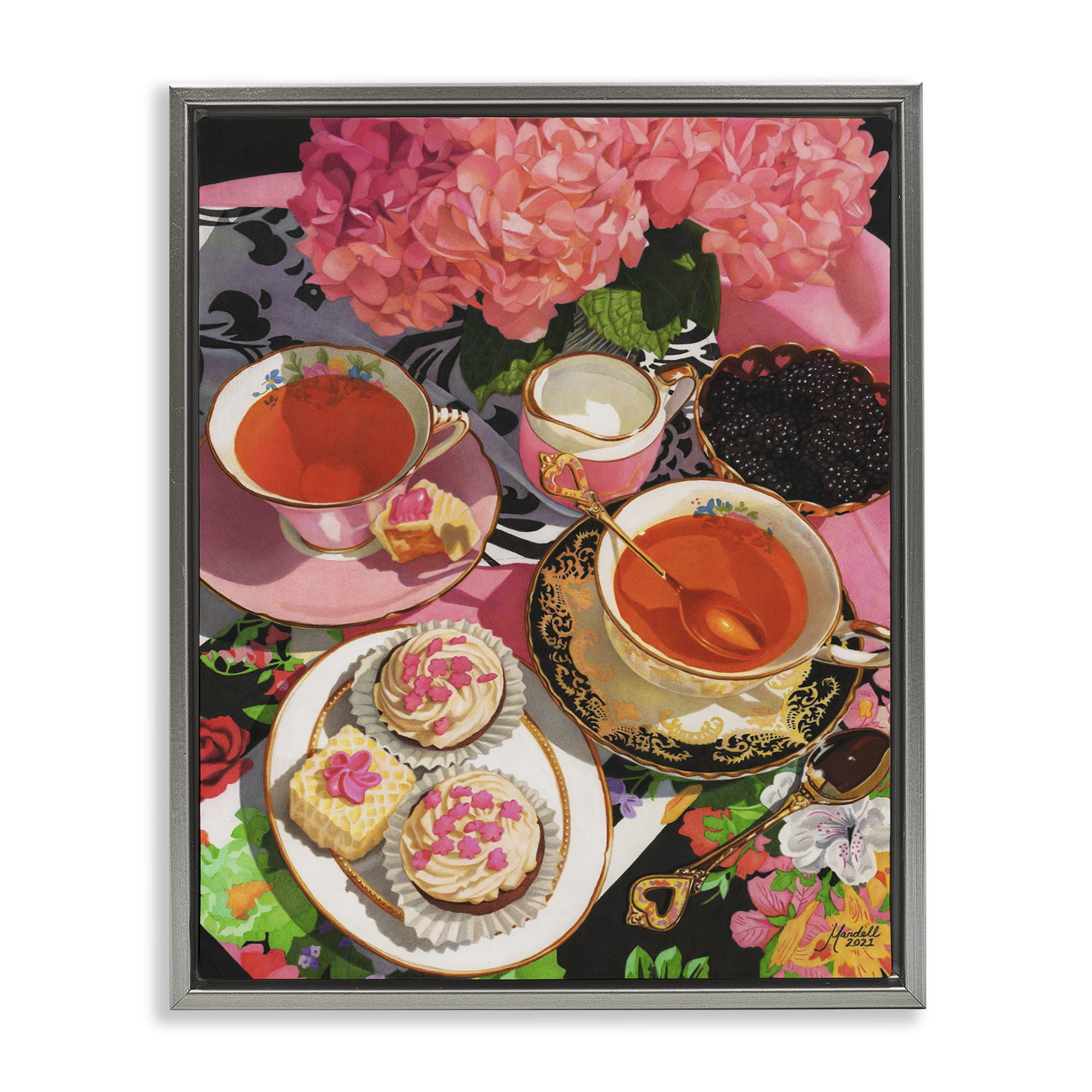 Stupell Industries Pink Hydrangea Tea Party Food & Beverage Painting Gray Floater Framed Art Print Wall Art, 25 x 31
