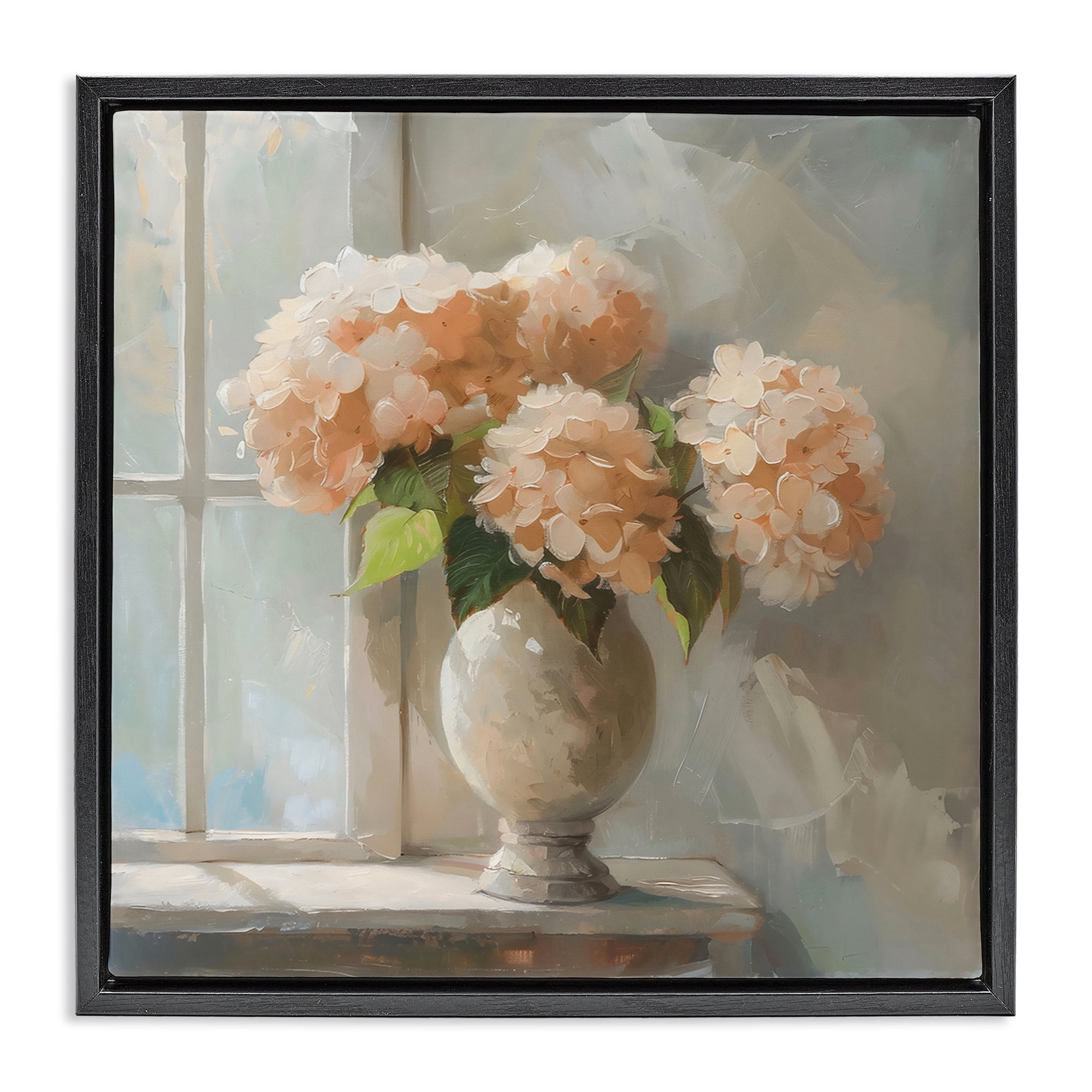 Stupell Industries Pink Hydrangea in Sunlit Vase Black Framed Floater Canvas Wall Art, design by Creative Studio
