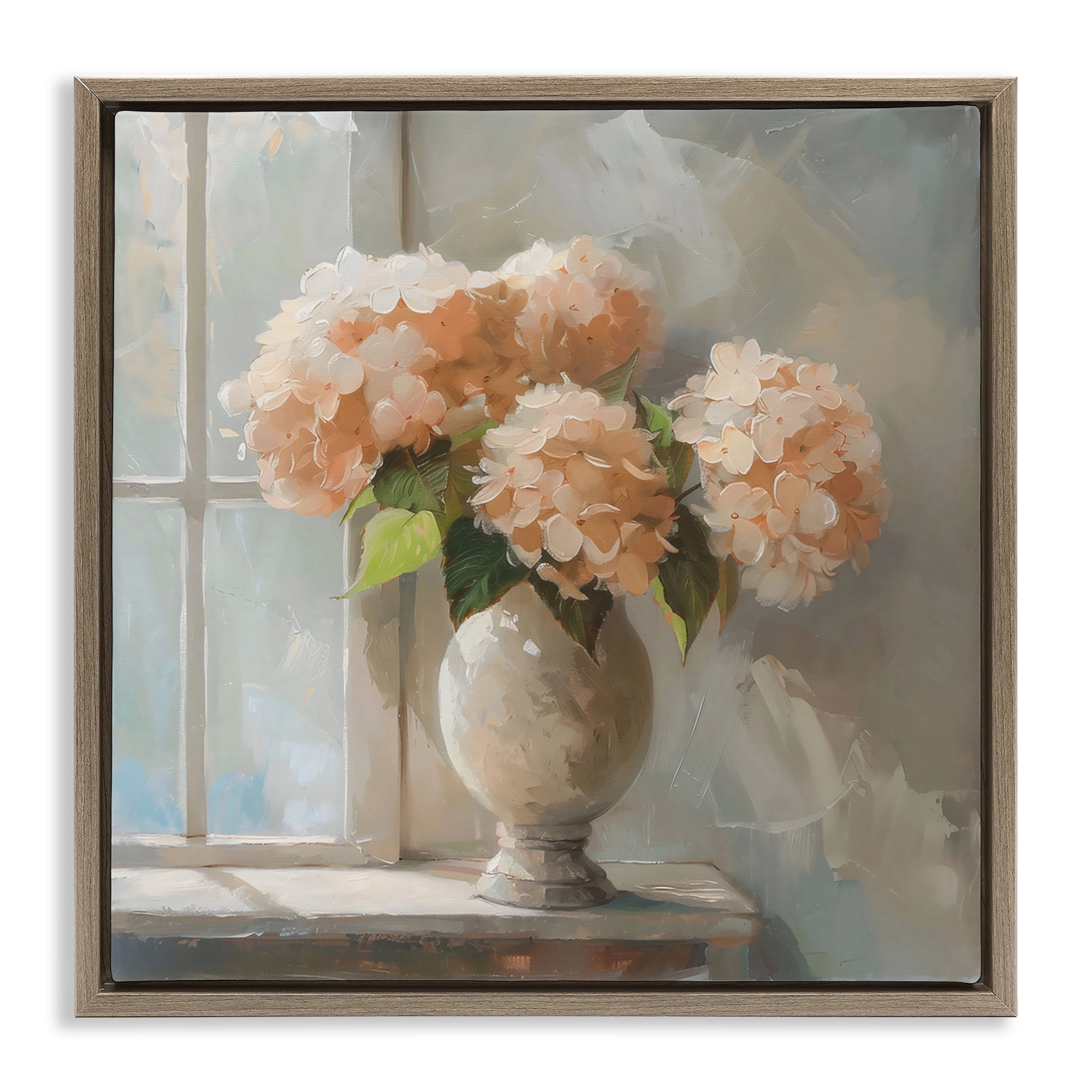 Stupell Industries Pink Hydrangea in Sunlit Vase Brown Framed Floater Canvas Wall Art, design by Creative Studio
