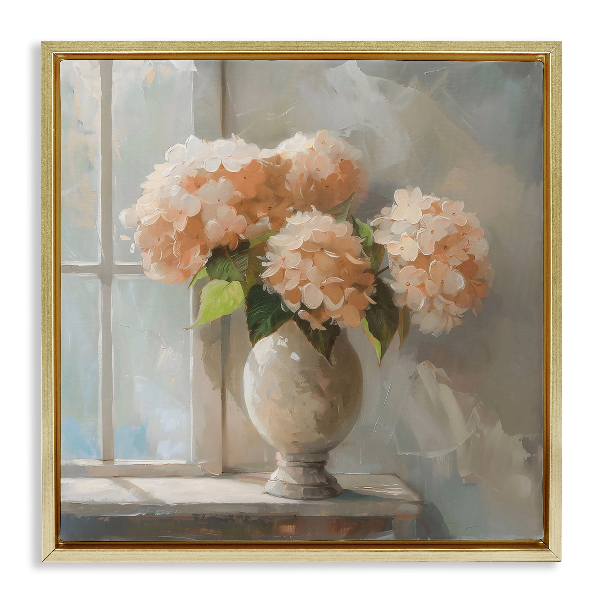 Stupell Industries Pink Hydrangea in Sunlit Vase Gold Framed Floater Canvas Wall Art, design by Creative Studio