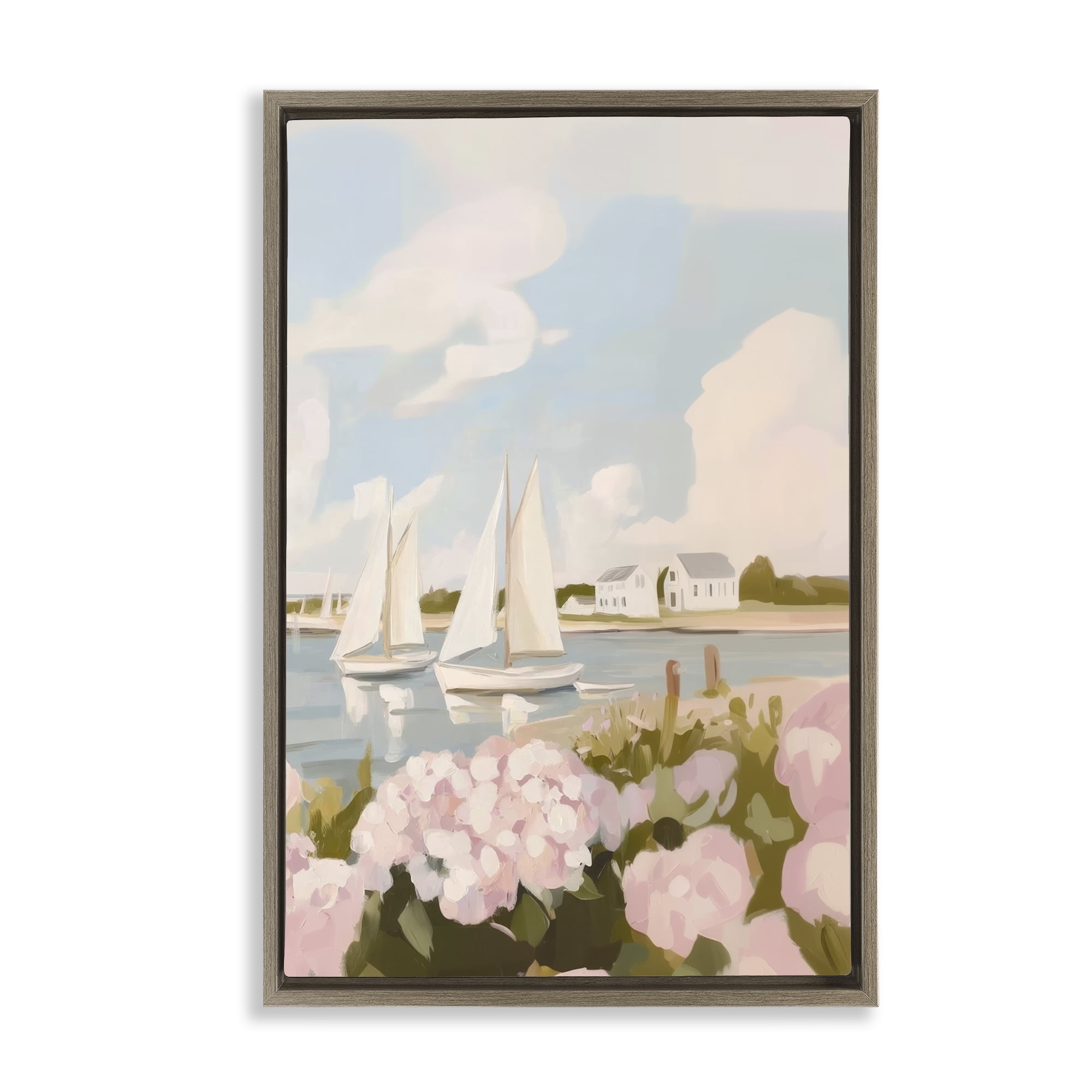 Stupell Industries Pink Hydrangeas with Sailboats Brown Framed Floater Canvas Wall Art, design by Sisi and Seb
