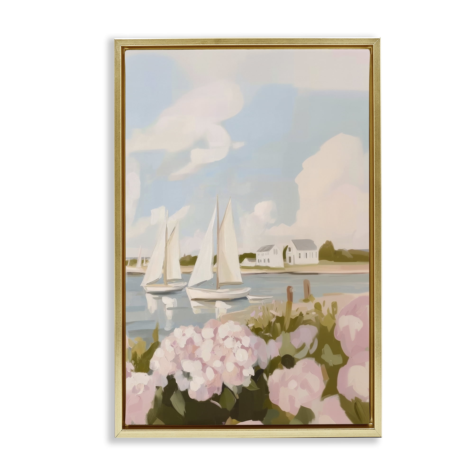 Stupell Industries Pink Hydrangeas with Sailboats Gold Framed Floater Canvas Wall Art, design by Sisi and Seb