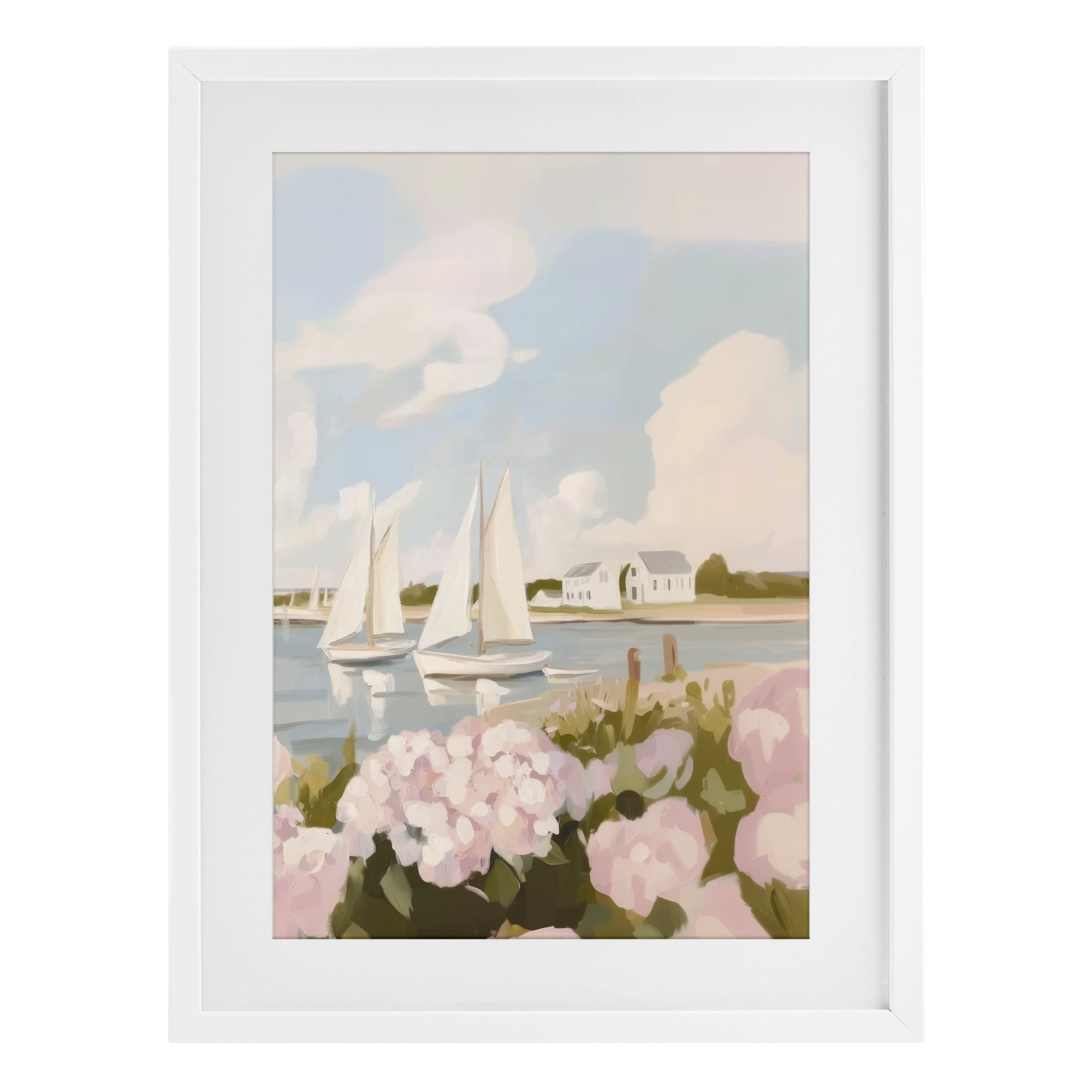 Stupell Industries Pink Hydrangeas with Sailboats White Framed Print Under Glass, design by Sisi and Seb