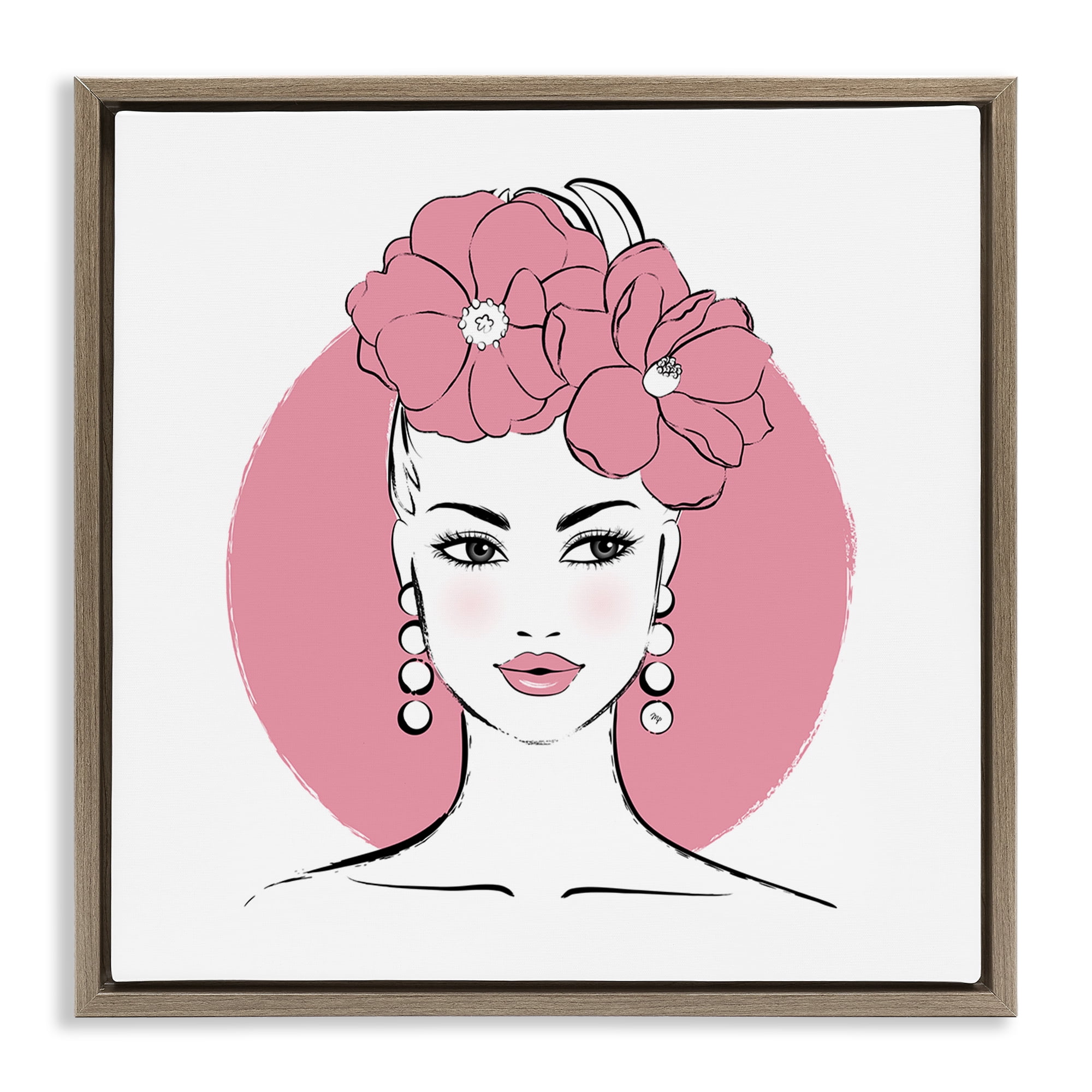 Stupell Industries Pink Lady Portrait Novelty Painting Brown Floater Framed Art Print Wall Art, 18 x 18
