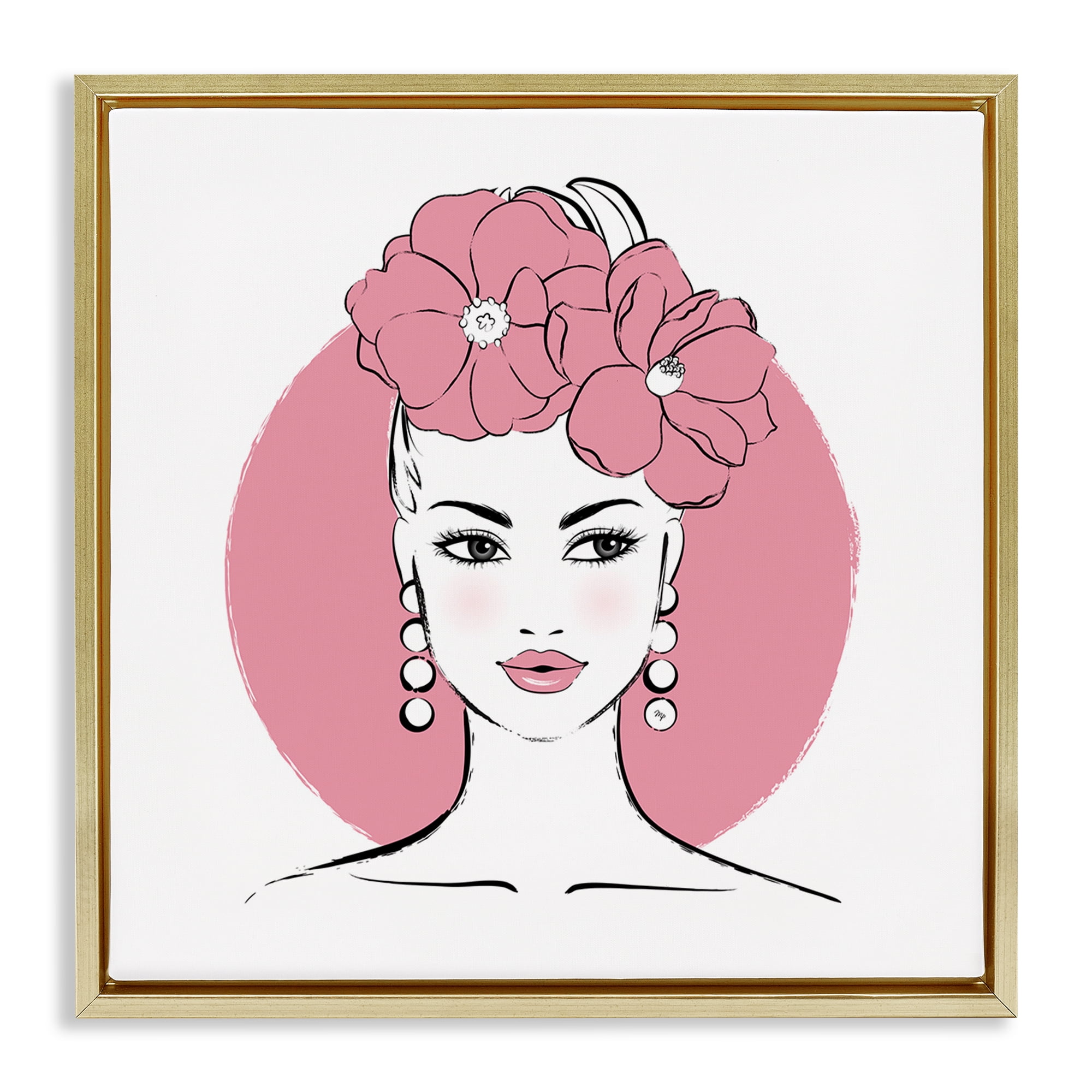 Stupell Industries Pink Lady Portrait Novelty Painting Gold Floater Framed Art Print Wall Art, 18 x 18