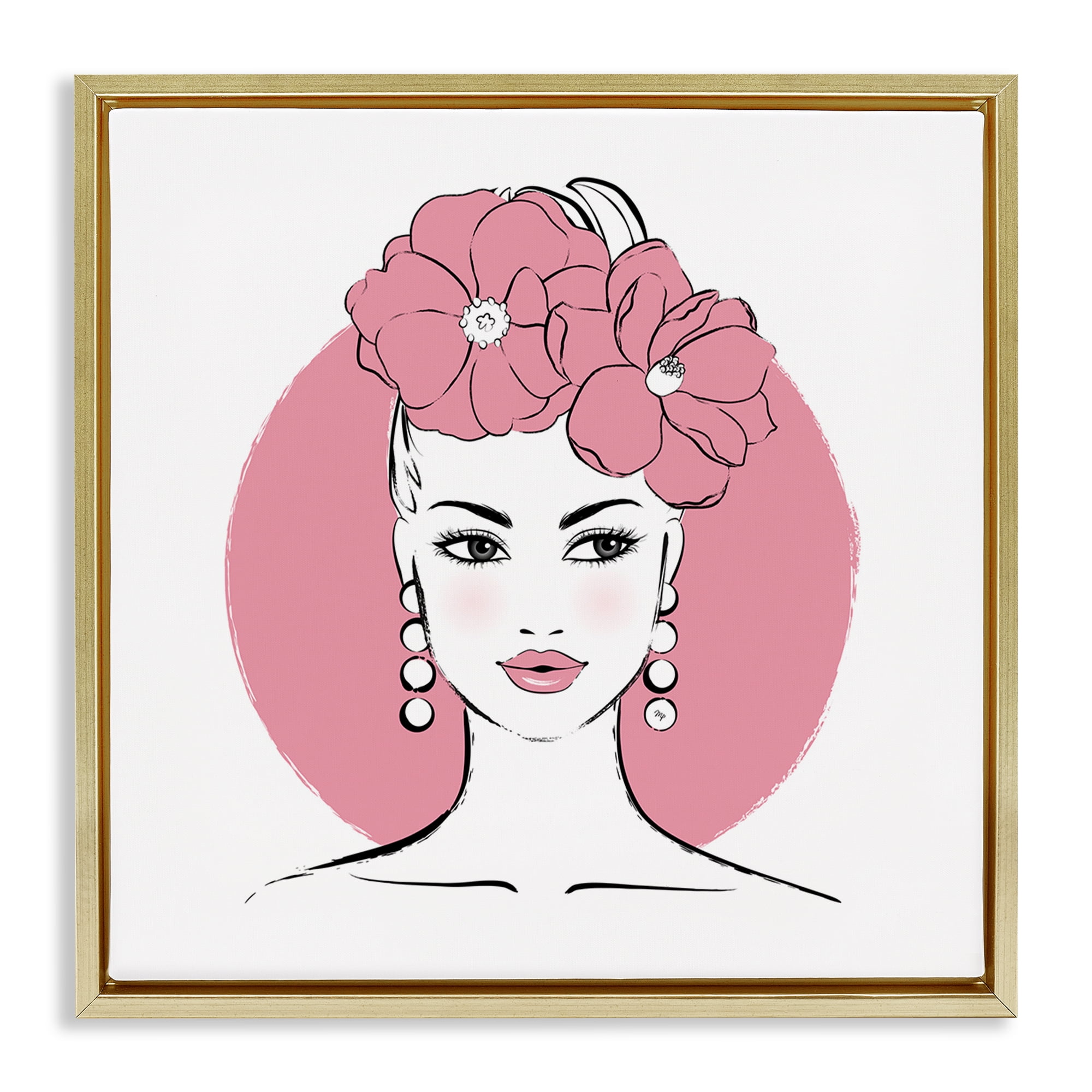Stupell Industries Pink Lady Portrait Novelty Painting Gold Floater Framed Art Print Wall Art, 25 x 25