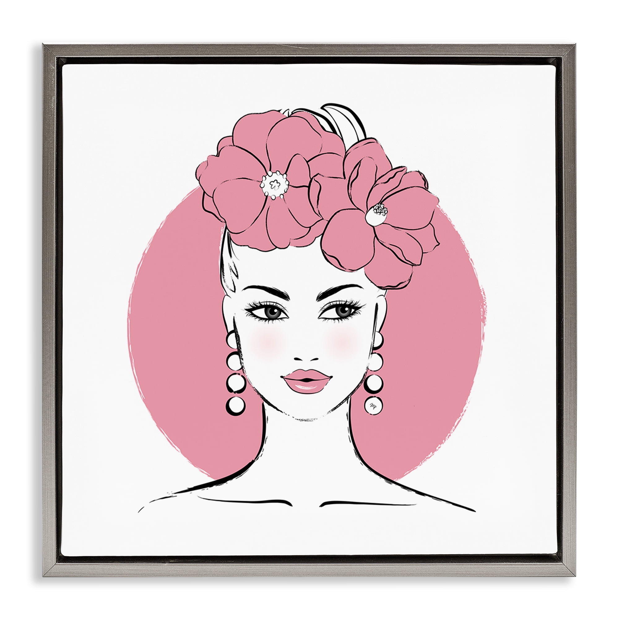 Stupell Industries Pink Lady Portrait Novelty Painting Gray Floater Framed Art Print Wall Art, 25 x 25