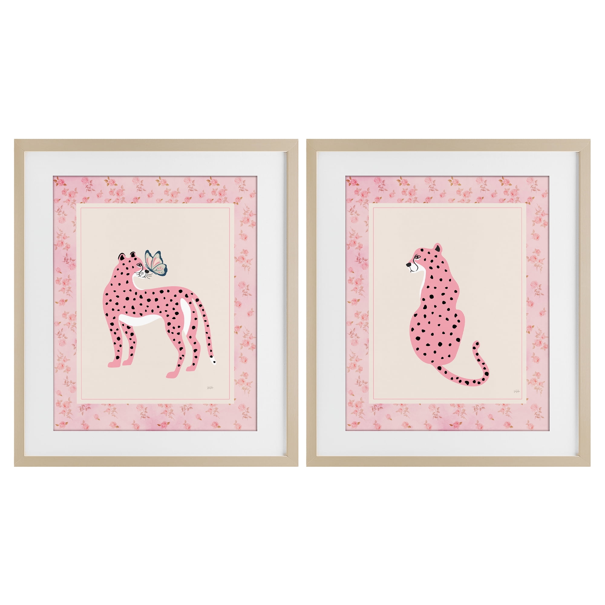Stupell Industries Pink Leopard & Floral Border 2 Piece Birch Framed Print Under Glass Set, design by Natalie Carpentieri