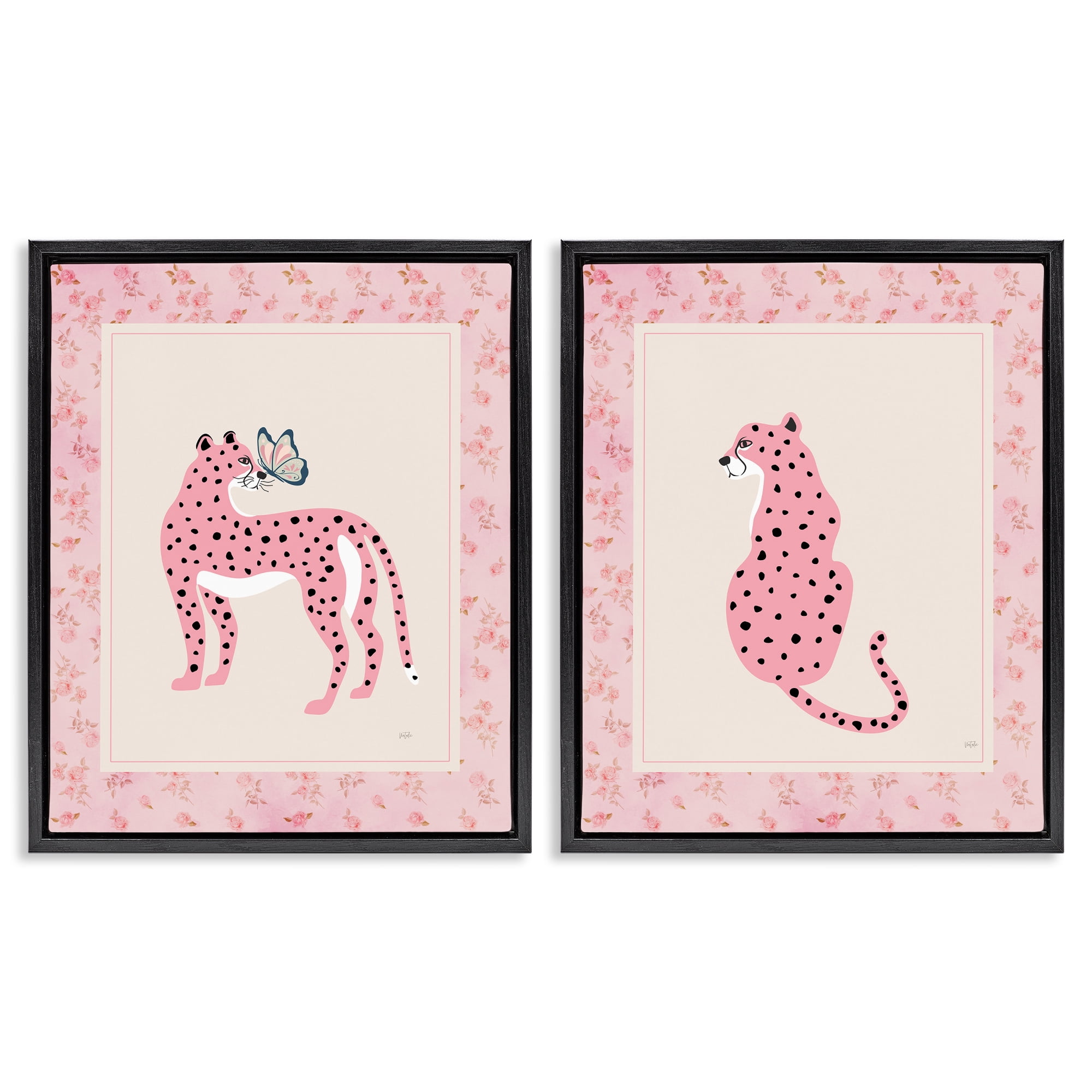 Stupell Industries Pink Leopard & Floral Border 2 Piece Black Framed Floater Canvas Set, design by Natalie Carpentieri