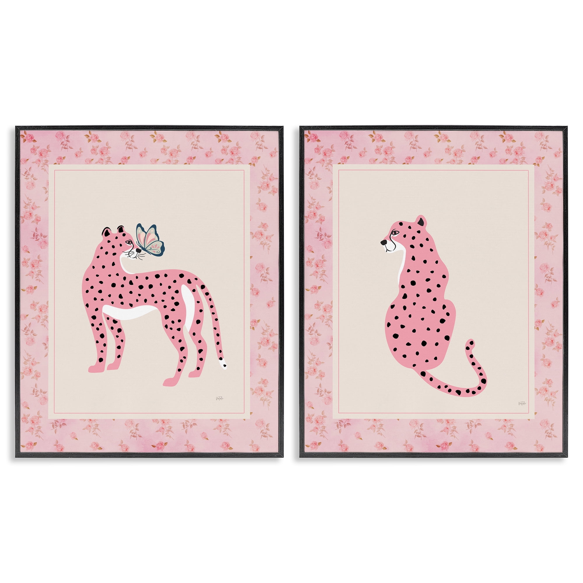 Stupell Industries Pink Leopard & Floral Border 2 Piece Black Framed Giclee Art Set, design by Natalie Carpentieri