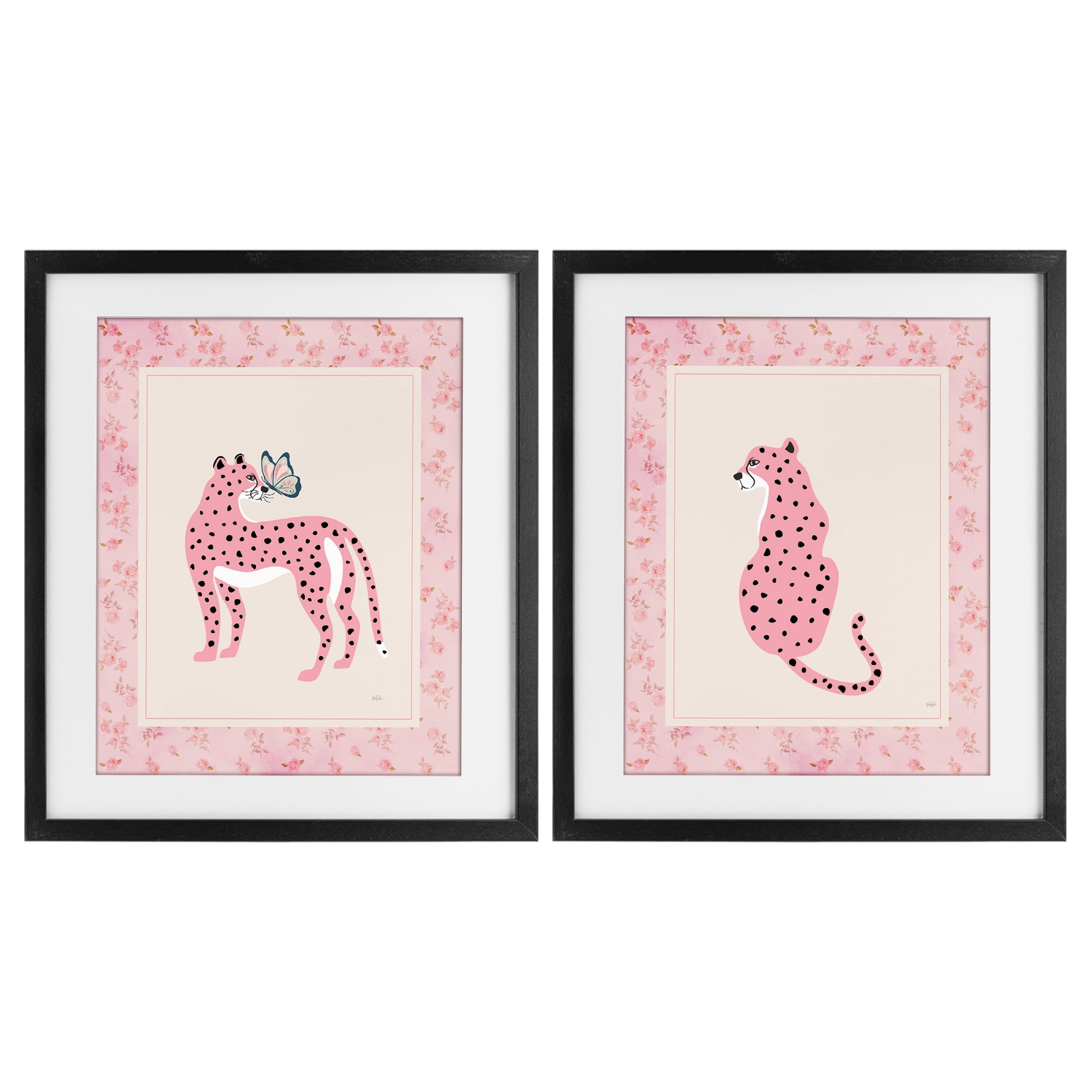 Stupell Industries Pink Leopard & Floral Border 2 Piece Black Framed Print Under Glass Set, design by Natalie Carpentieri