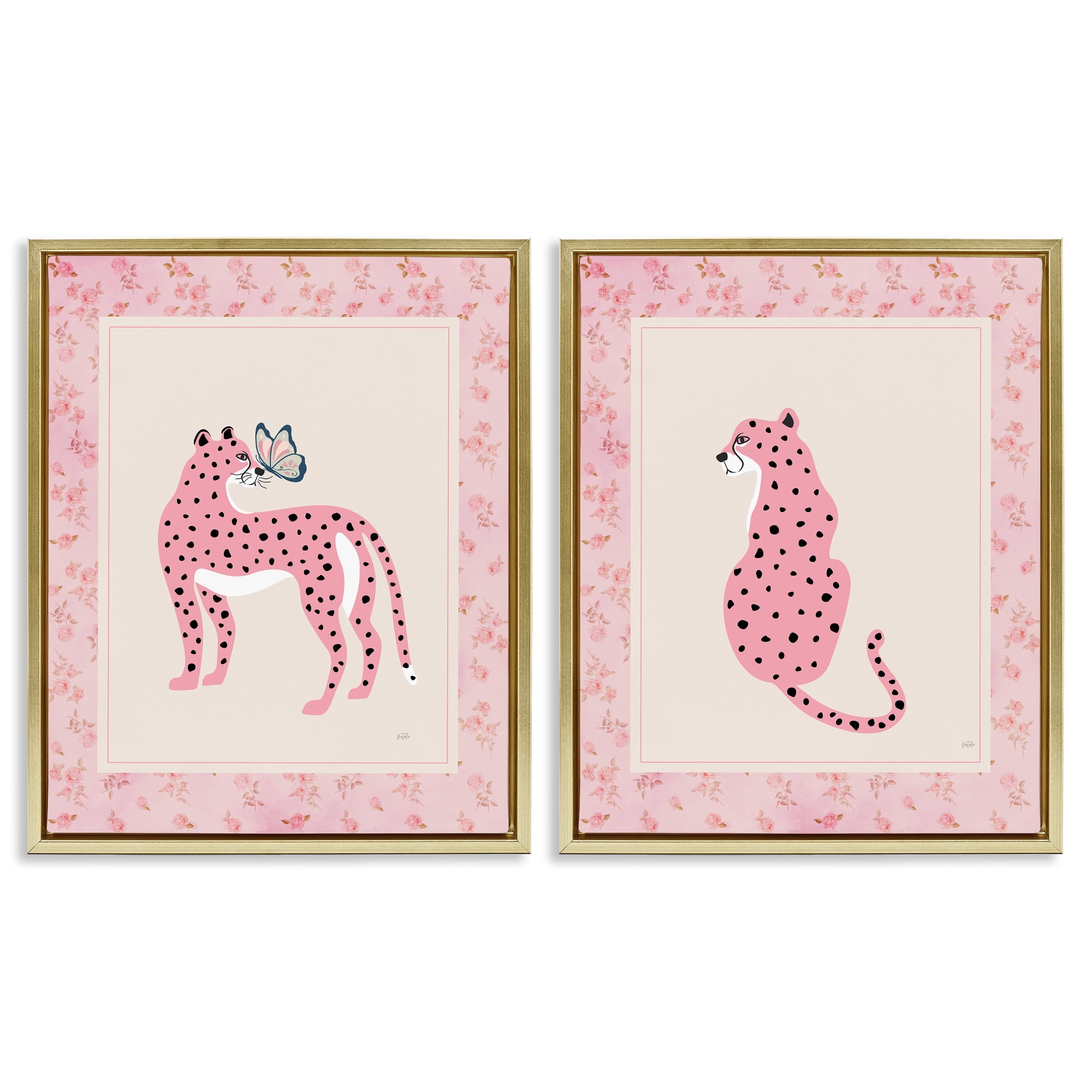 Stupell Industries Pink Leopard & Floral Border 2 Piece Gold Framed Floater Canvas Set, design by Natalie Carpentieri
