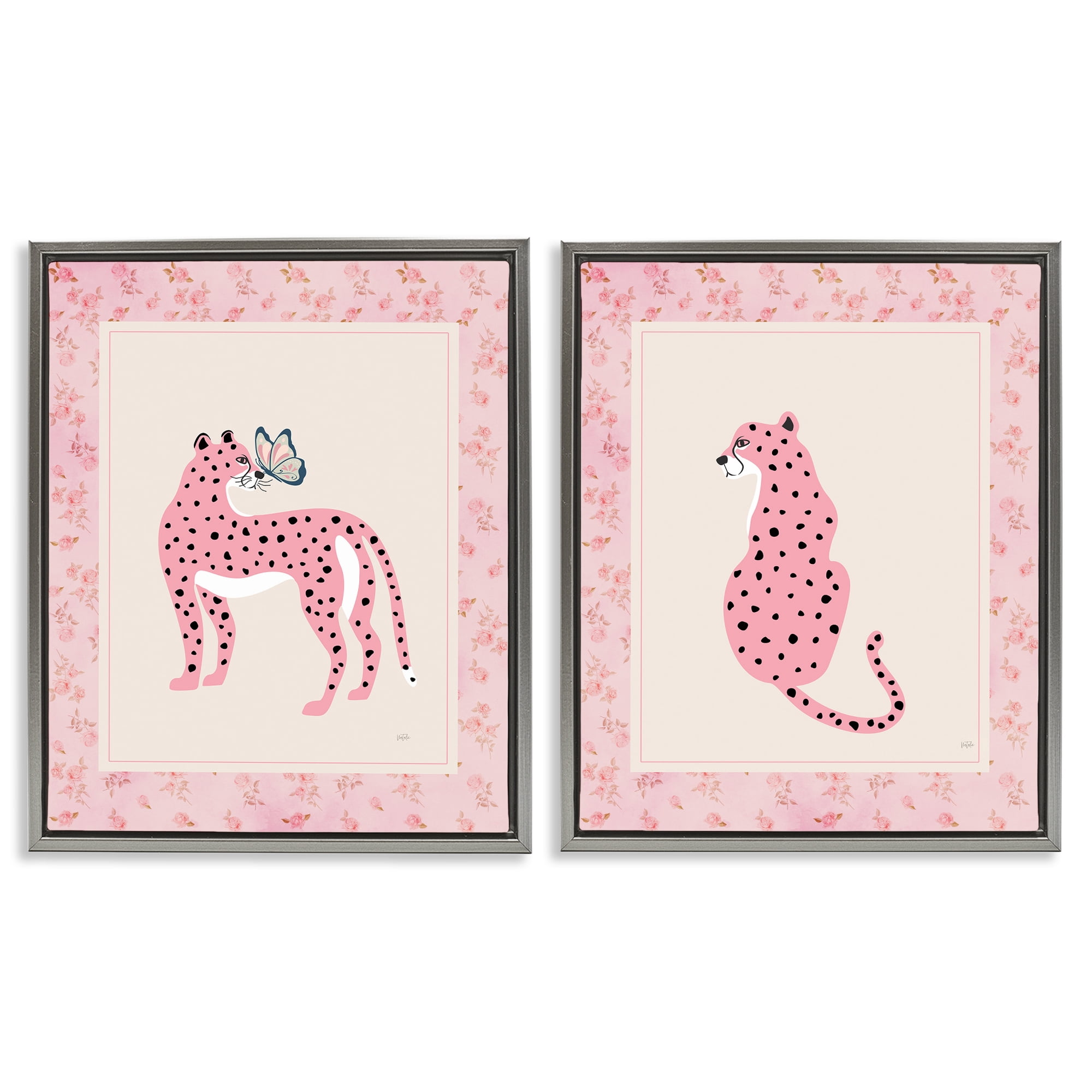 Stupell Industries Pink Leopard & Floral Border 2 Piece Gray Framed Floater Canvas Set, design by Natalie Carpentieri