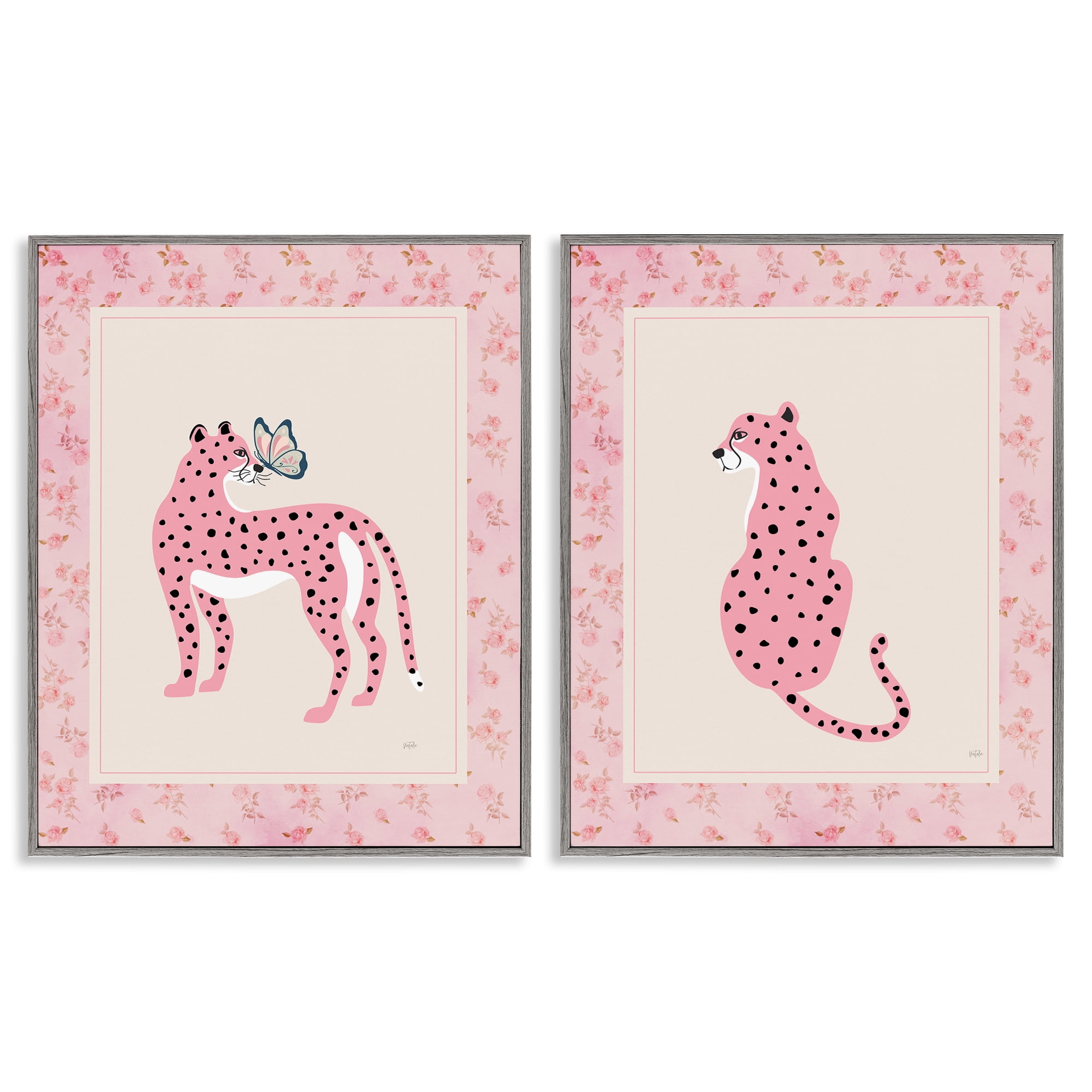 Stupell Industries Pink Leopard & Floral Border 2 Piece Gray Framed Giclee Art Set, design by Natalie Carpentieri
