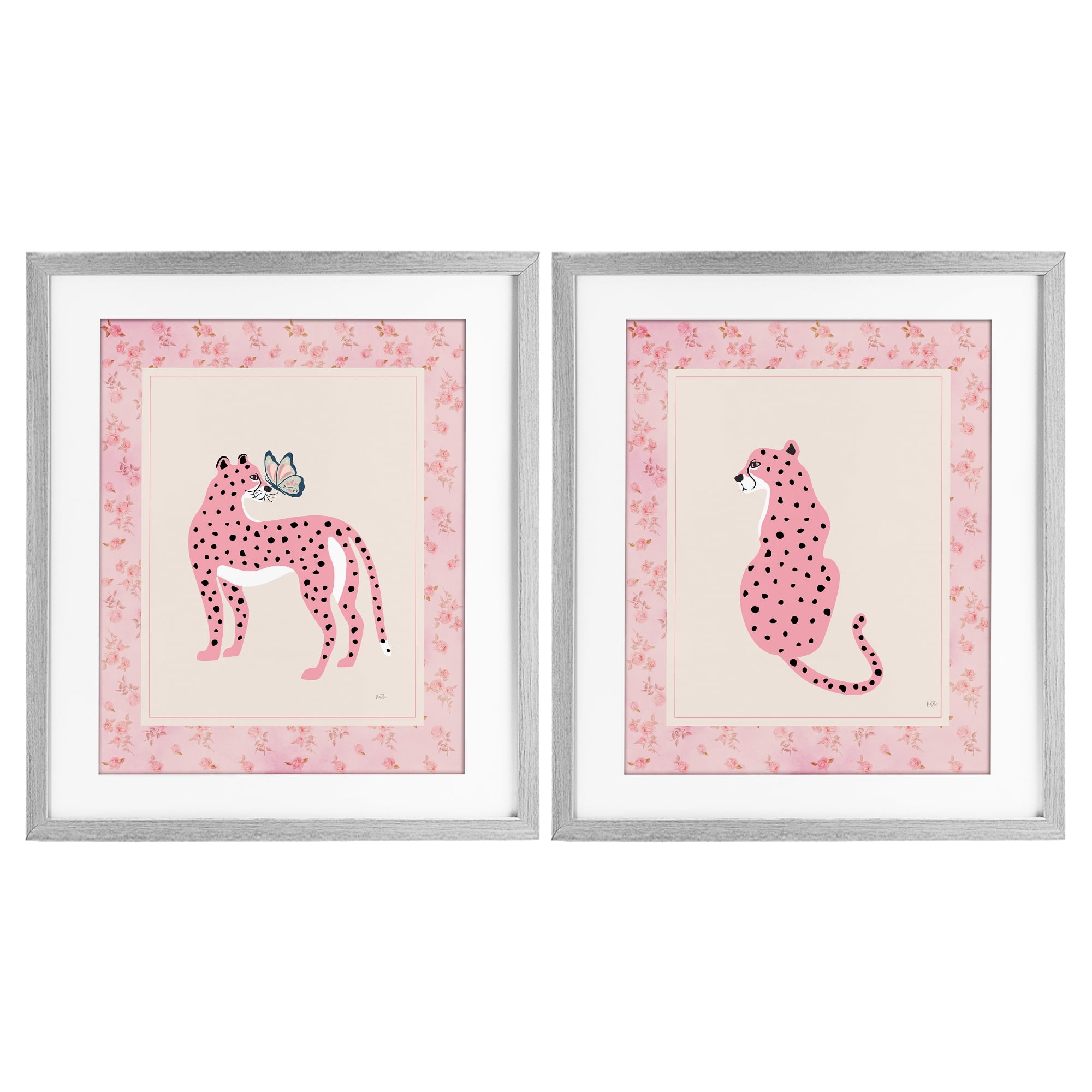 Stupell Industries Pink Leopard & Floral Border 2 Piece Gray Framed Print Under Glass Set, design by Natalie Carpentieri