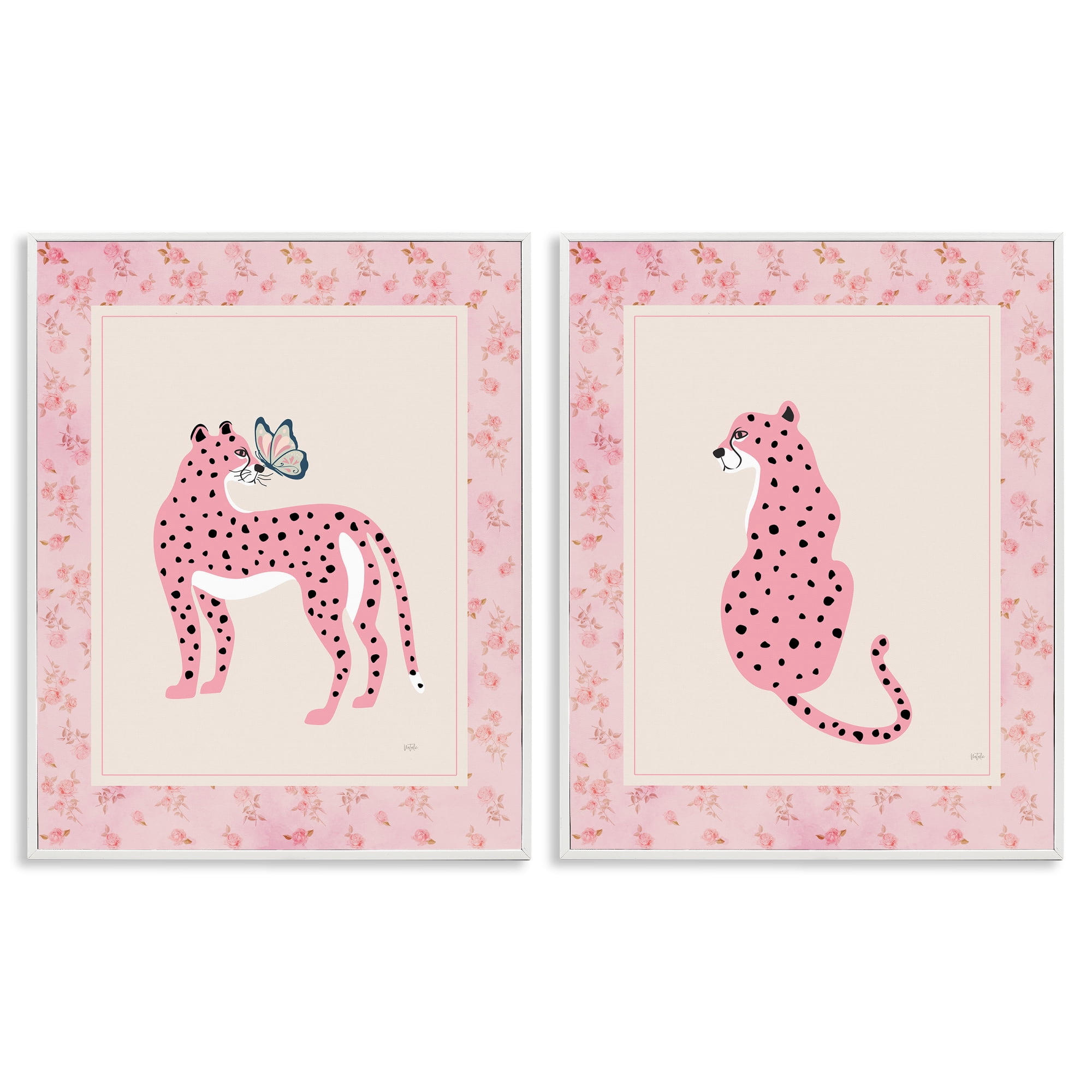 Stupell Industries Pink Leopard & Floral Border 2 Piece White Framed Giclee Art Set, design by Natalie Carpentieri