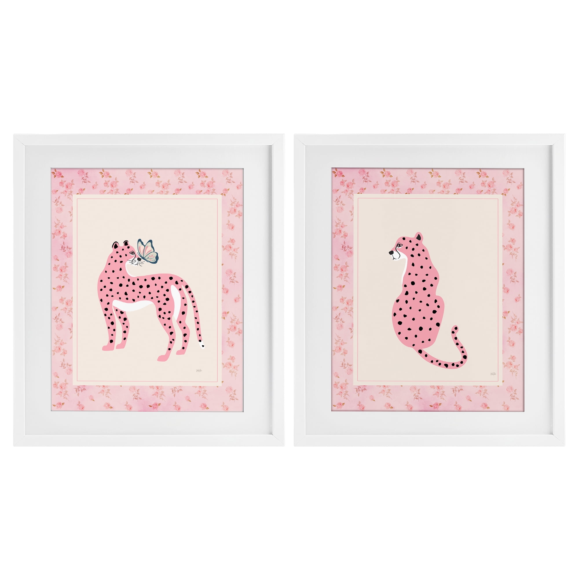 Stupell Industries Pink Leopard & Floral Border 2 Piece White Framed Print Under Glass Set, design by Natalie Carpentieri