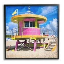 Stupell Industries Pink Lifeguard Hut Nature Painting Black Framed Art Print Wall Art, 12 x 12