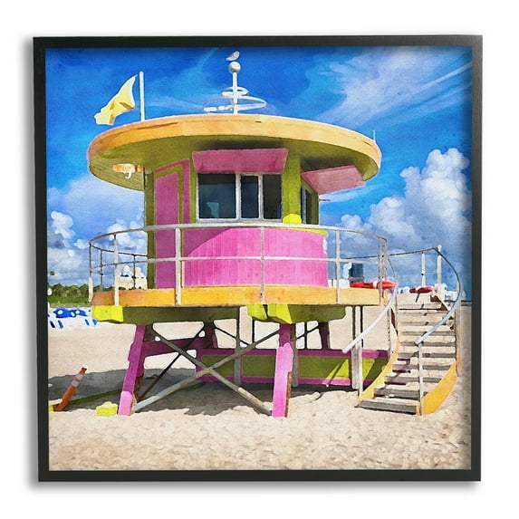 Stupell Industries Pink Lifeguard Hut Nature Painting Black Framed Art Print Wall Art, 17 x 17