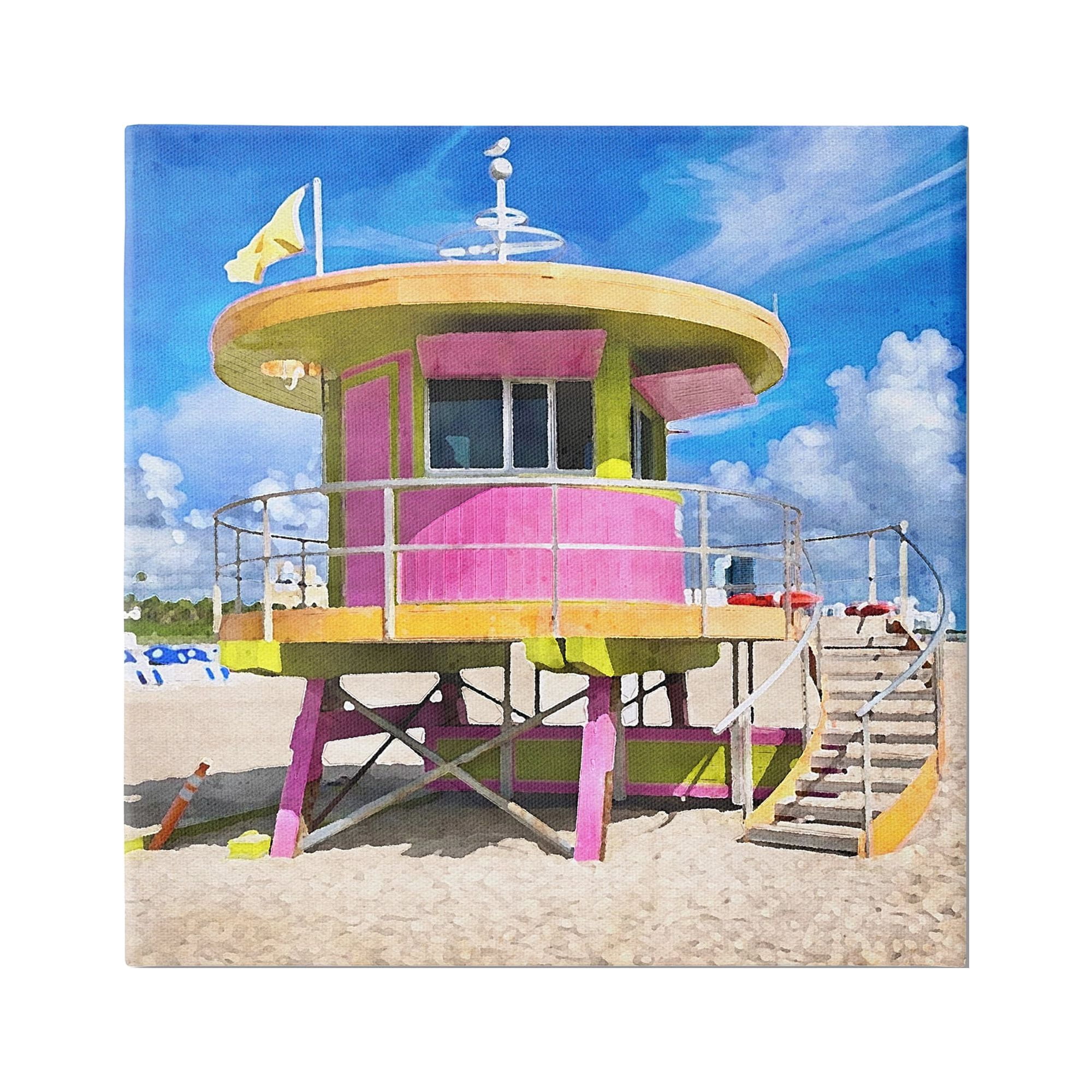 Stupell Industries Pink Lifeguard Hut Nature Painting Gallery Wrapped Canvas Print Wall Art, 17 x 17