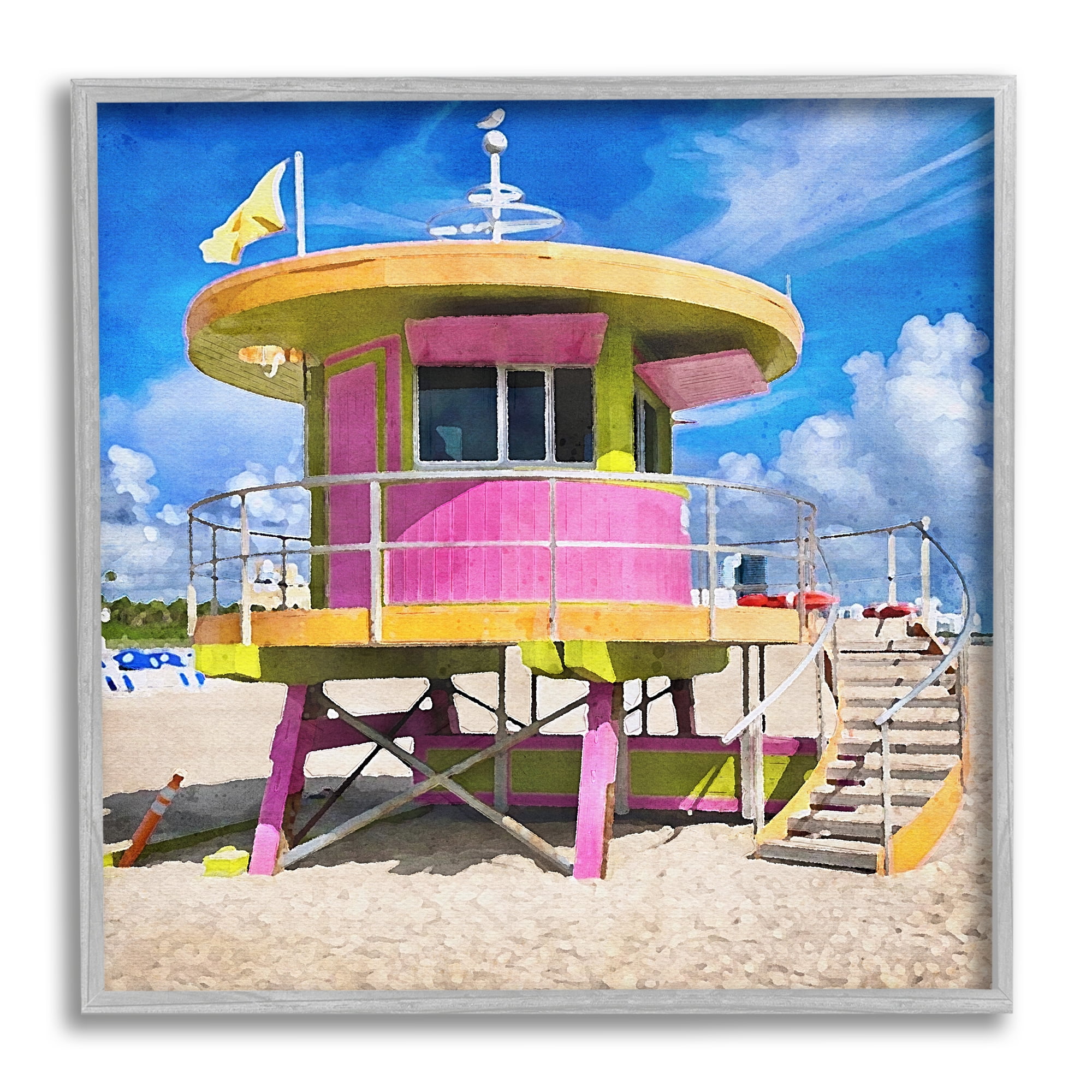 Stupell Industries Pink Lifeguard Hut Nature Painting Gray Framed Art Print Wall Art, 24 x 24