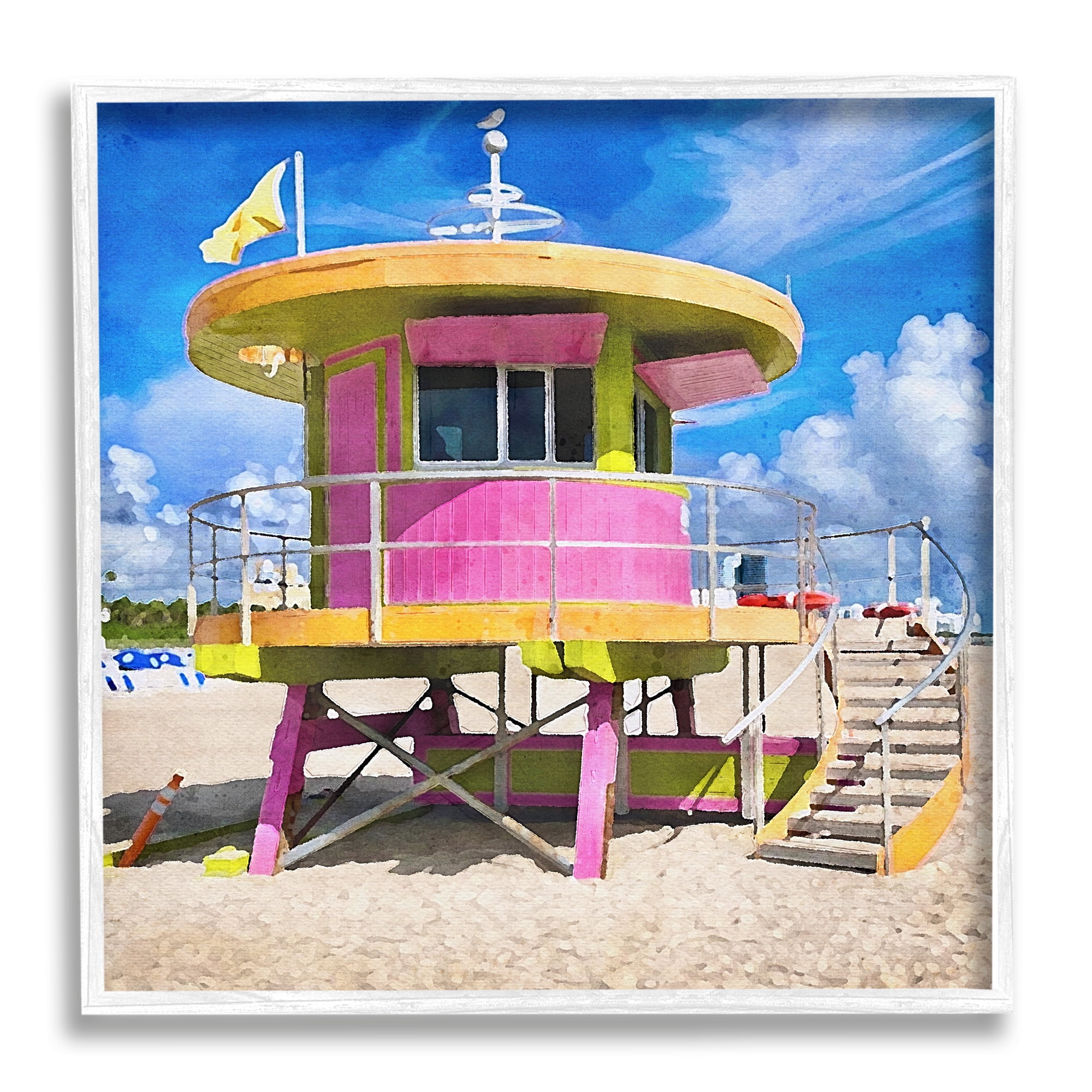 Stupell Industries Pink Lifeguard Hut Nature Painting White Framed Art Print Wall Art, 24 x 24