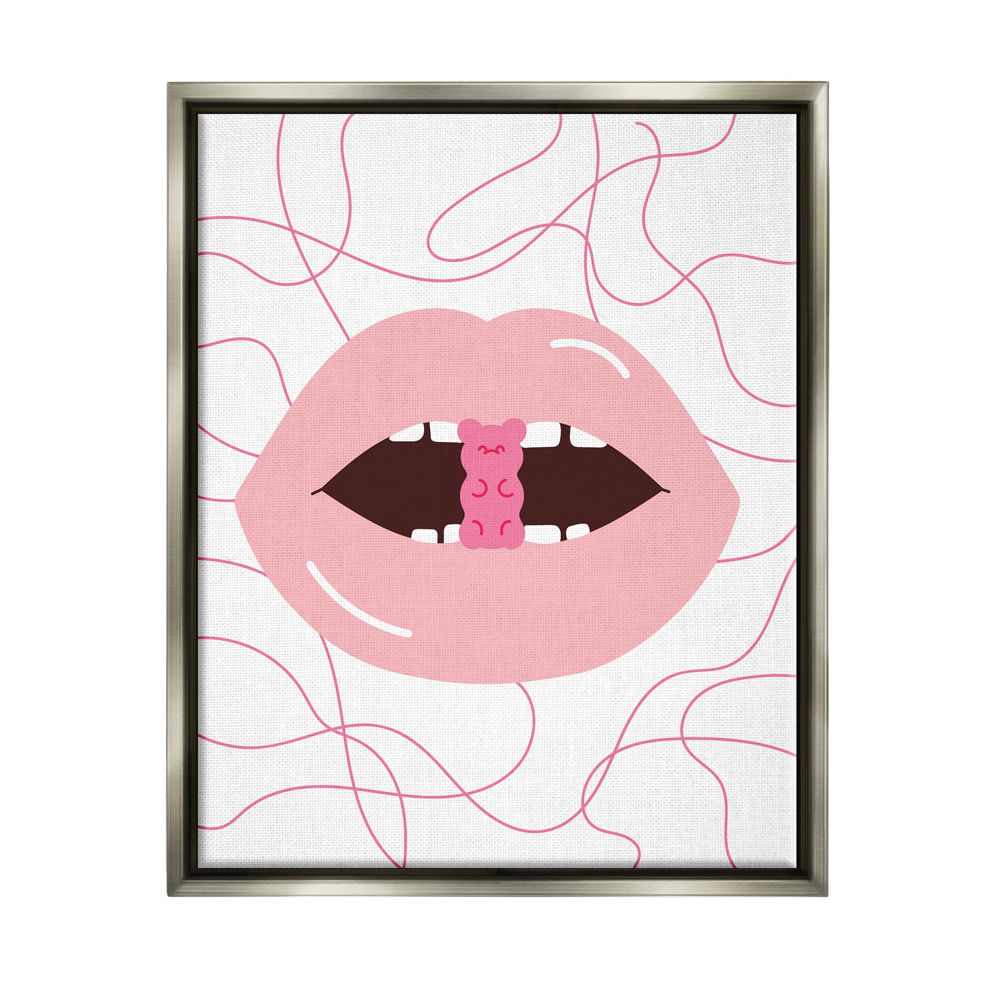 Stupell Industries Pink Lips & Gummy Candy Food & Beverage Painting Gray Floater Framed Art Print Wall Art, 17 x 21