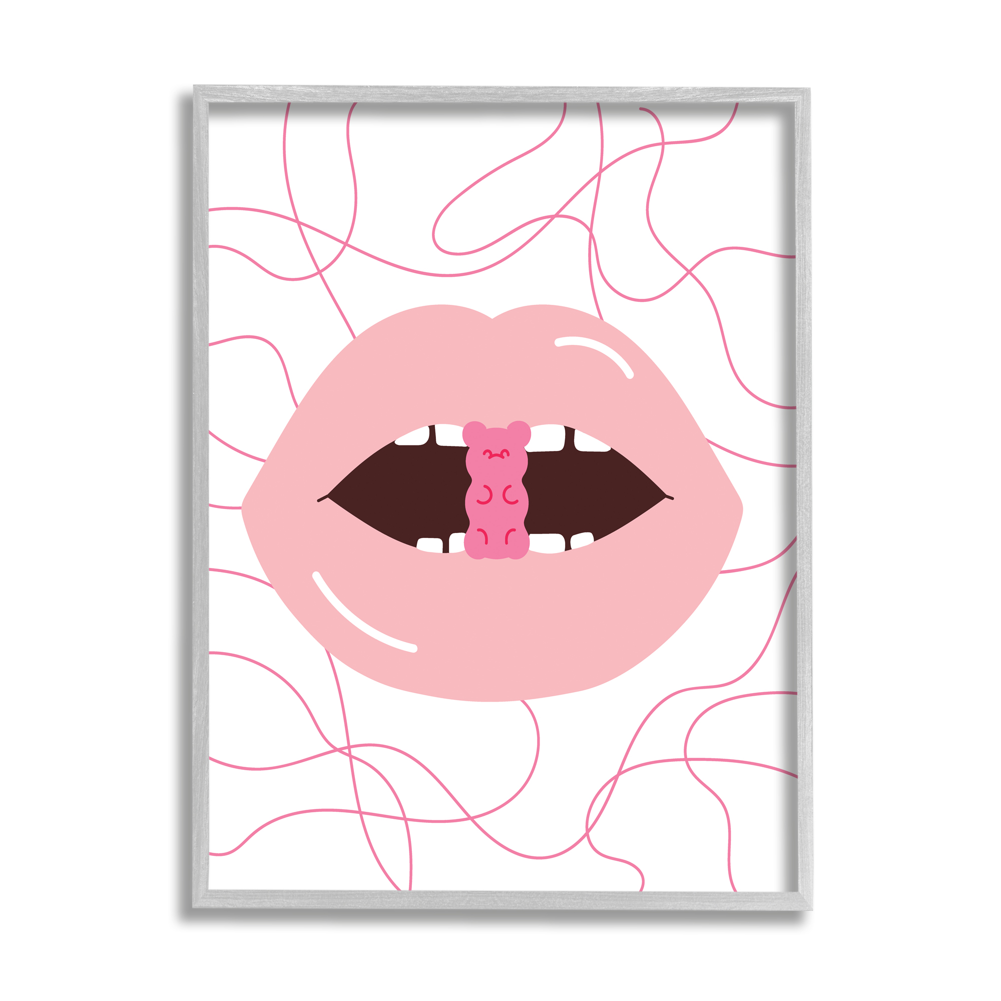 Stupell Industries Pink Lips & Gummy Candy Food & Beverage Painting Gray Framed Art Print Wall Art, 24 x 30