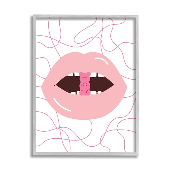 Stupell Industries Pink Lips & Gummy Candy Food & Beverage Painting Gray Framed Art Print Wall Art, 24 x 30