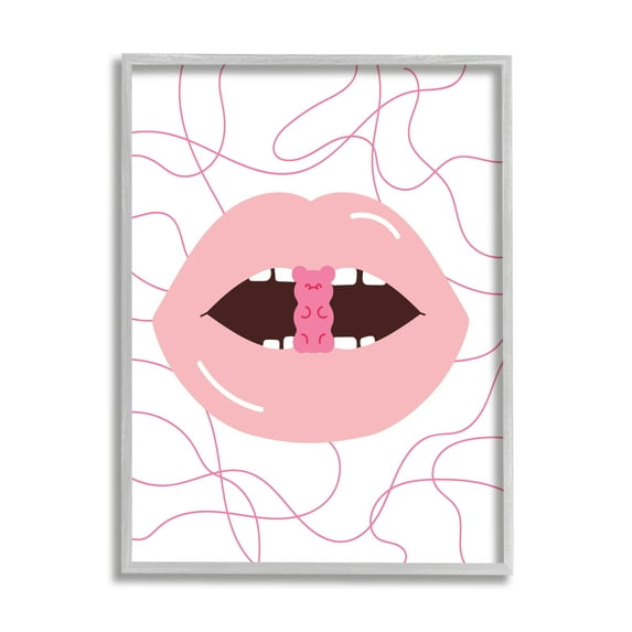 Stupell Industries Pink Lips & Gummy Candy Food & Beverage Painting Gray Framed Art Print Wall Art, 24 x 30