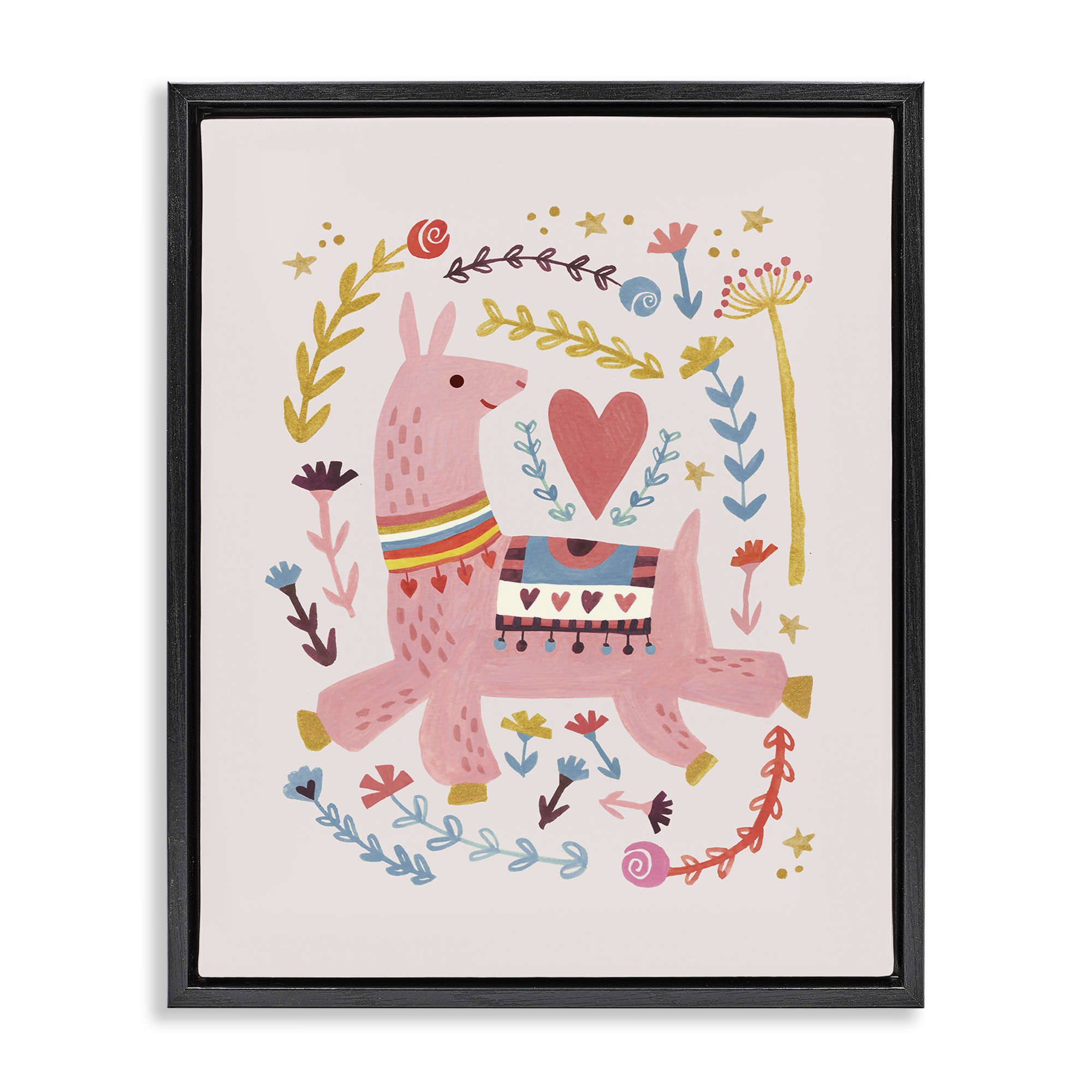 Stupell Industries Pink Llama with Florals Animals Painting Black Floater Framed Canvas Art Print Wall Art, 25 x 31