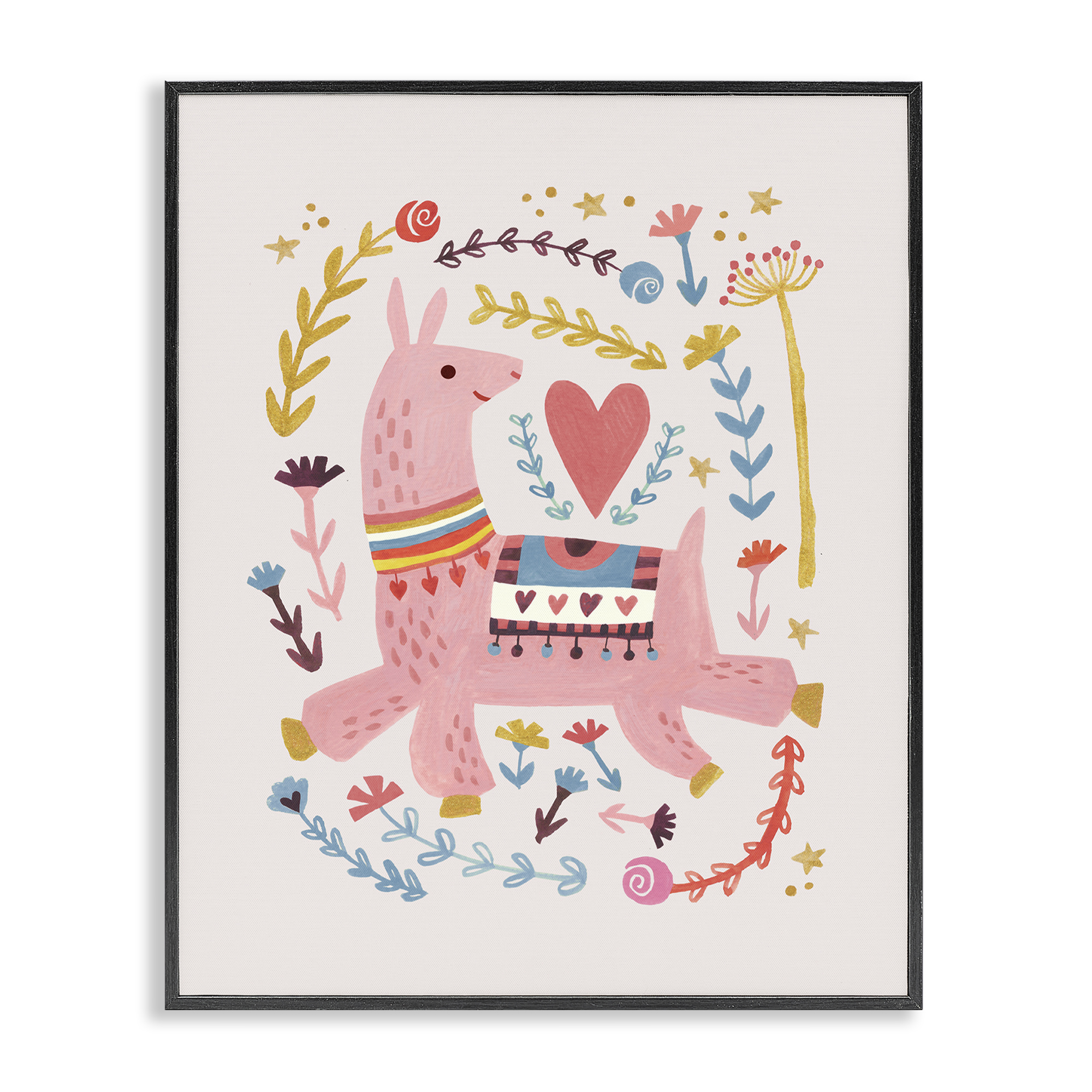 Stupell Industries Pink Llama with Florals Animals Painting Black Framed Art Print Wall Art, 16 x 20
