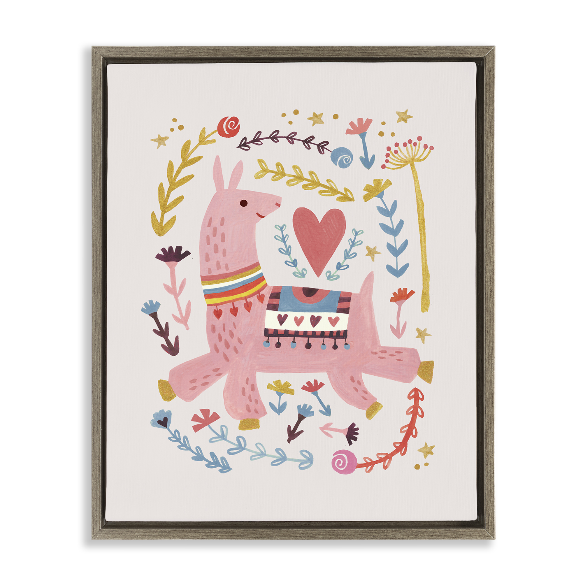 Stupell Industries Pink Llama with Florals Animals Painting Brown Floater Framed Canvas Art Print Wall Art, 17 x 21