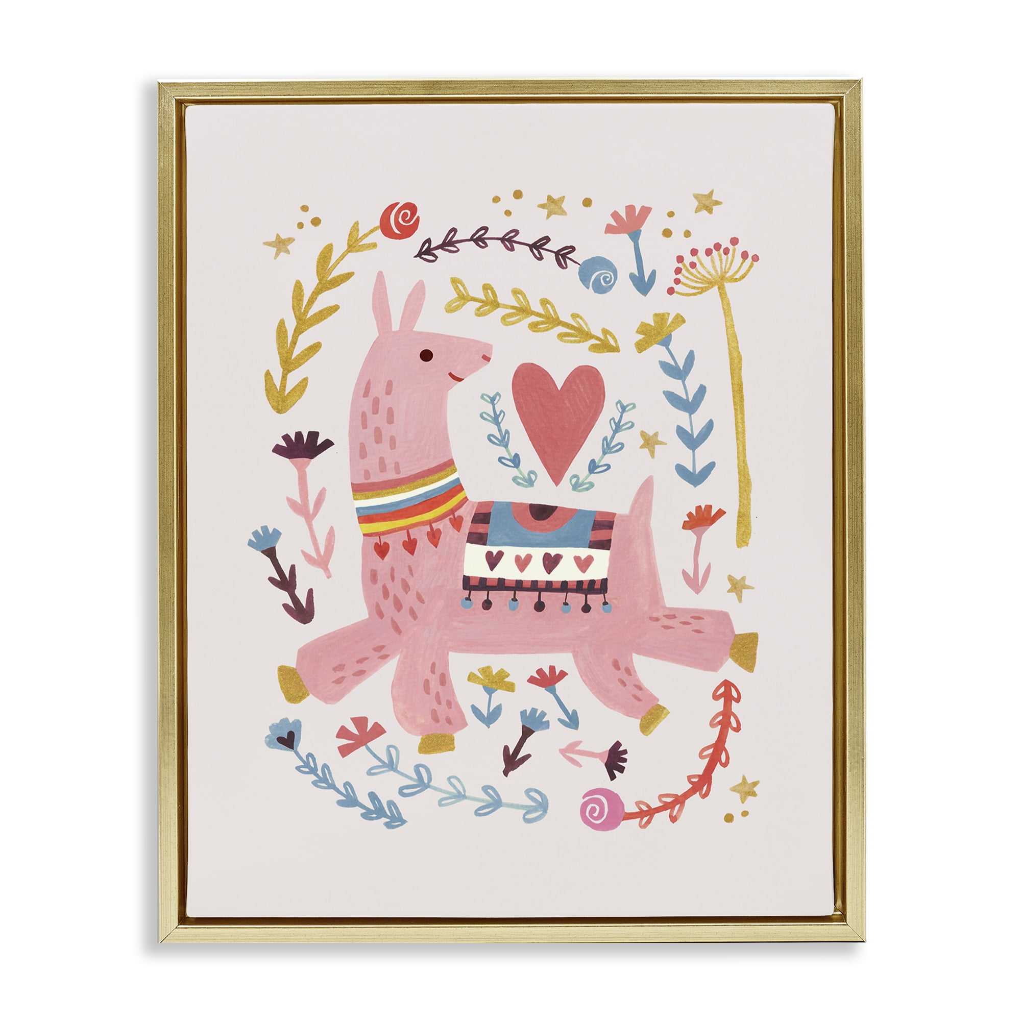 Stupell Industries Pink Llama with Florals Animals Painting Gold Floater Framed Canvas Art Print Wall Art, 25 x 31