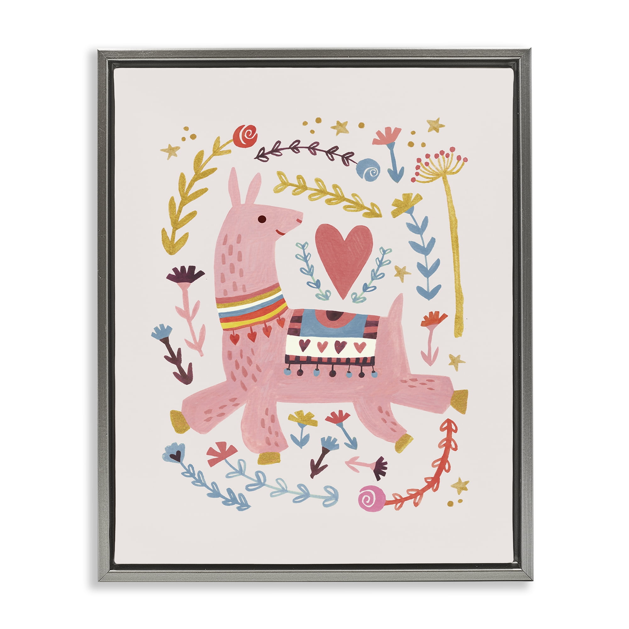 Stupell Industries Pink Llama with Florals Animals Painting Gray Floater Framed Canvas Art Print Wall Art, 17 x 21
