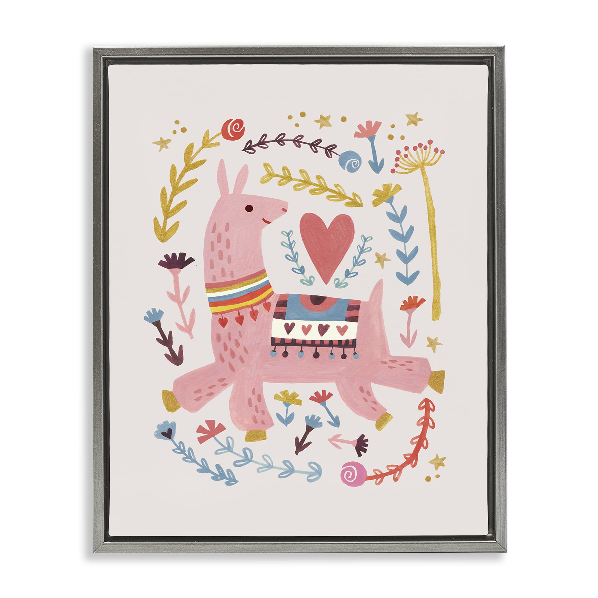Stupell Industries Pink Llama with Florals Animals Painting Gray Floater Framed Canvas Art Print Wall Art, 25 x 31