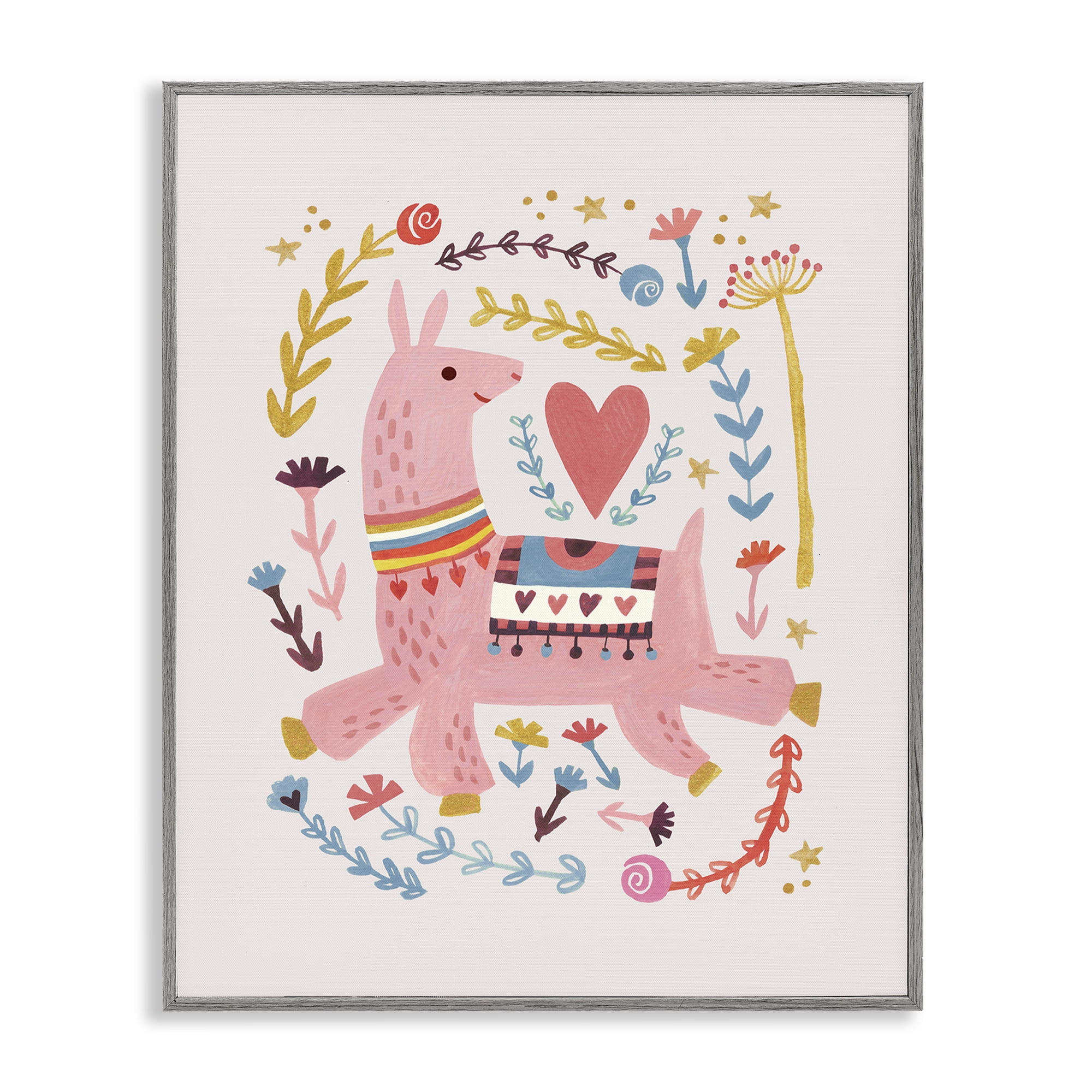 Stupell Industries Pink Llama with Florals Animals Painting Gray Framed Art Print Wall Art, 16 x 20