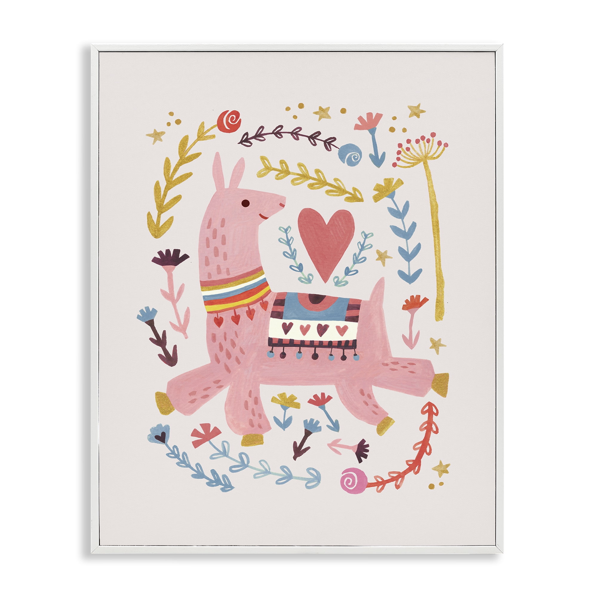 Stupell Industries Pink Llama with Florals Animals Painting White Framed Art Print Wall Art, 16 x 20