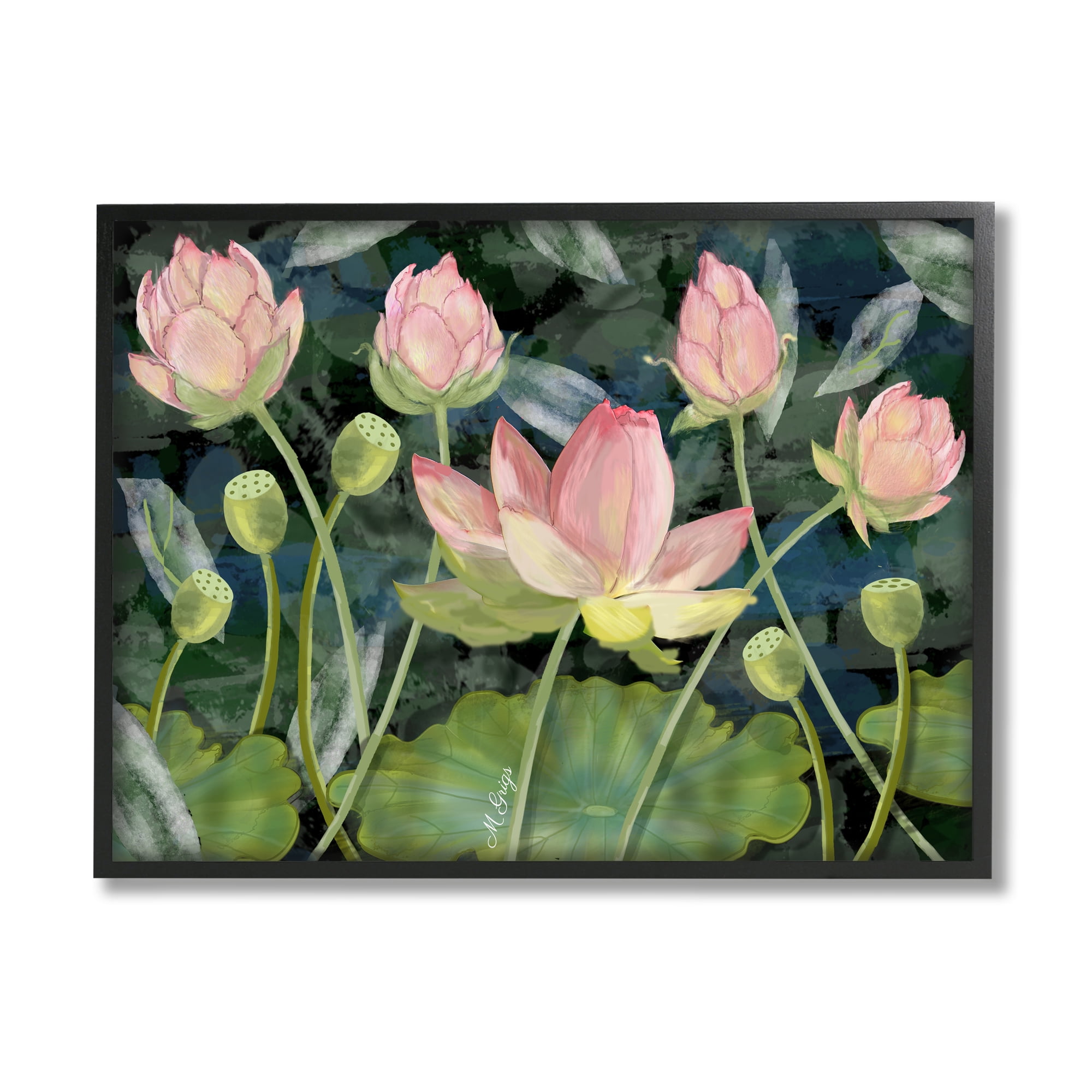 Stupell Industries Pink Lotus Flowers and Lily Pad Pond Botanical & Floral Painting Black Framed Art Print Wall Art, 16 x 20