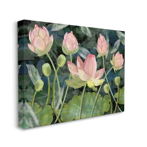 Stupell Industries Pink Lotus Flowers and Lily Pad Pond Botanical & Floral Painting Gallery Wrapped Canvas Print Wall Art, 16 x 20