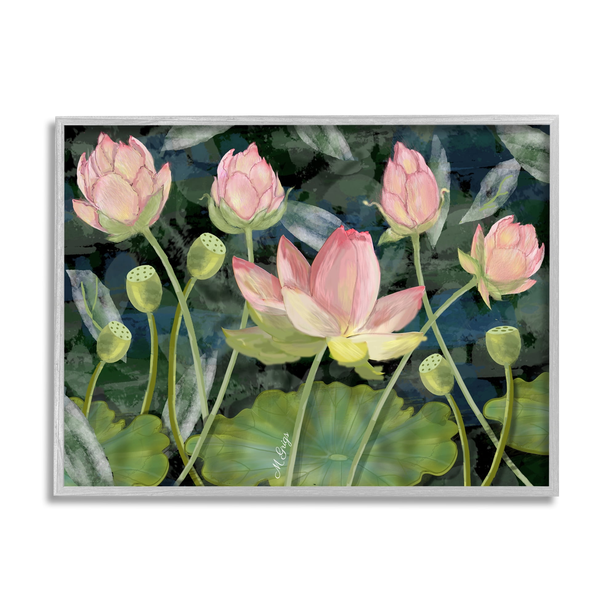 Stupell Industries Pink Lotus Flowers and Lily Pad Pond Botanical & Floral Painting Gray Framed Art Print Wall Art, 24 x 30